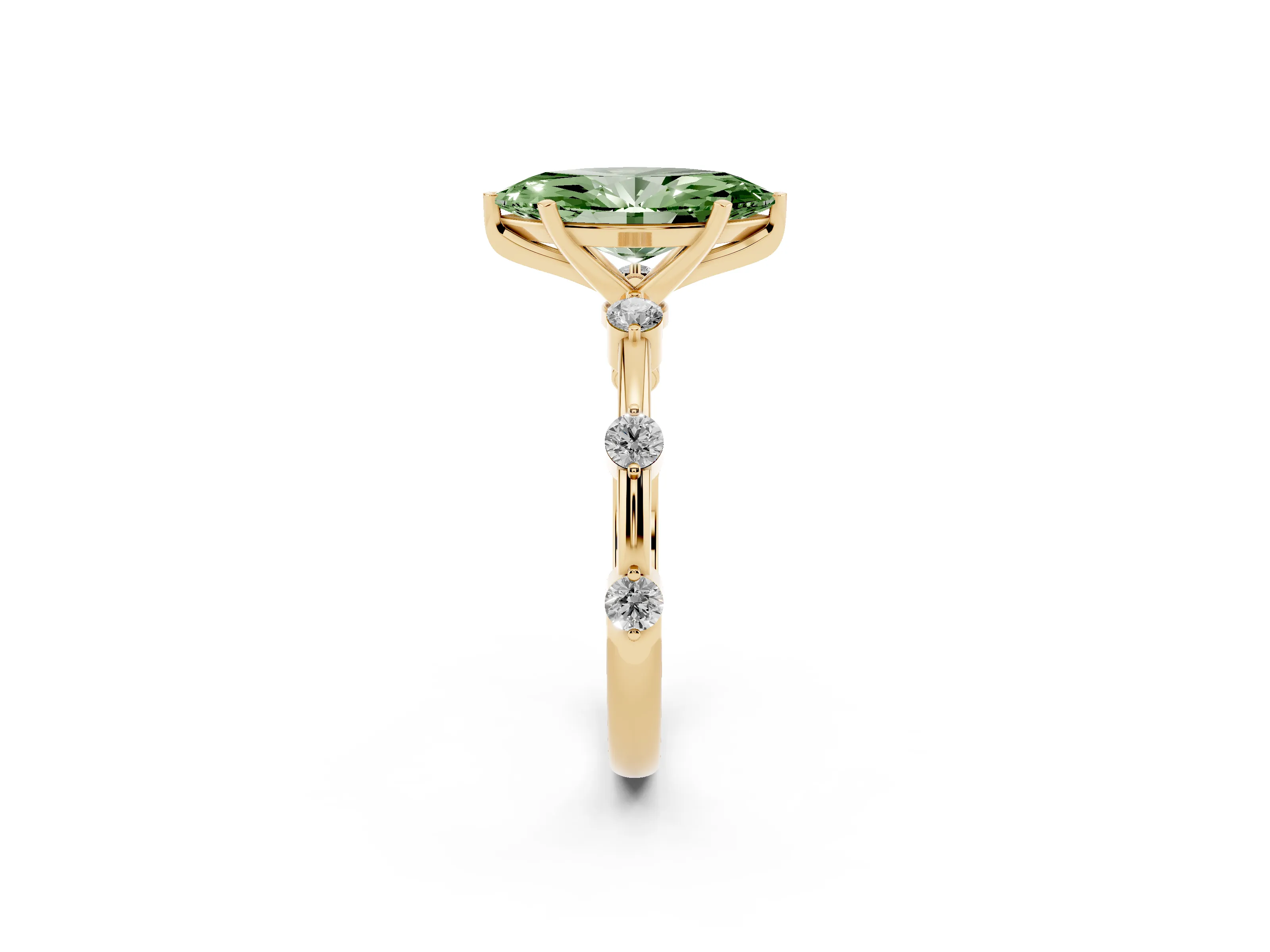 Fancy Green Marquise Cut Diamond Solitaire Ring Set in Yellow gold with Bezel Set Side Stones and Prong Setting