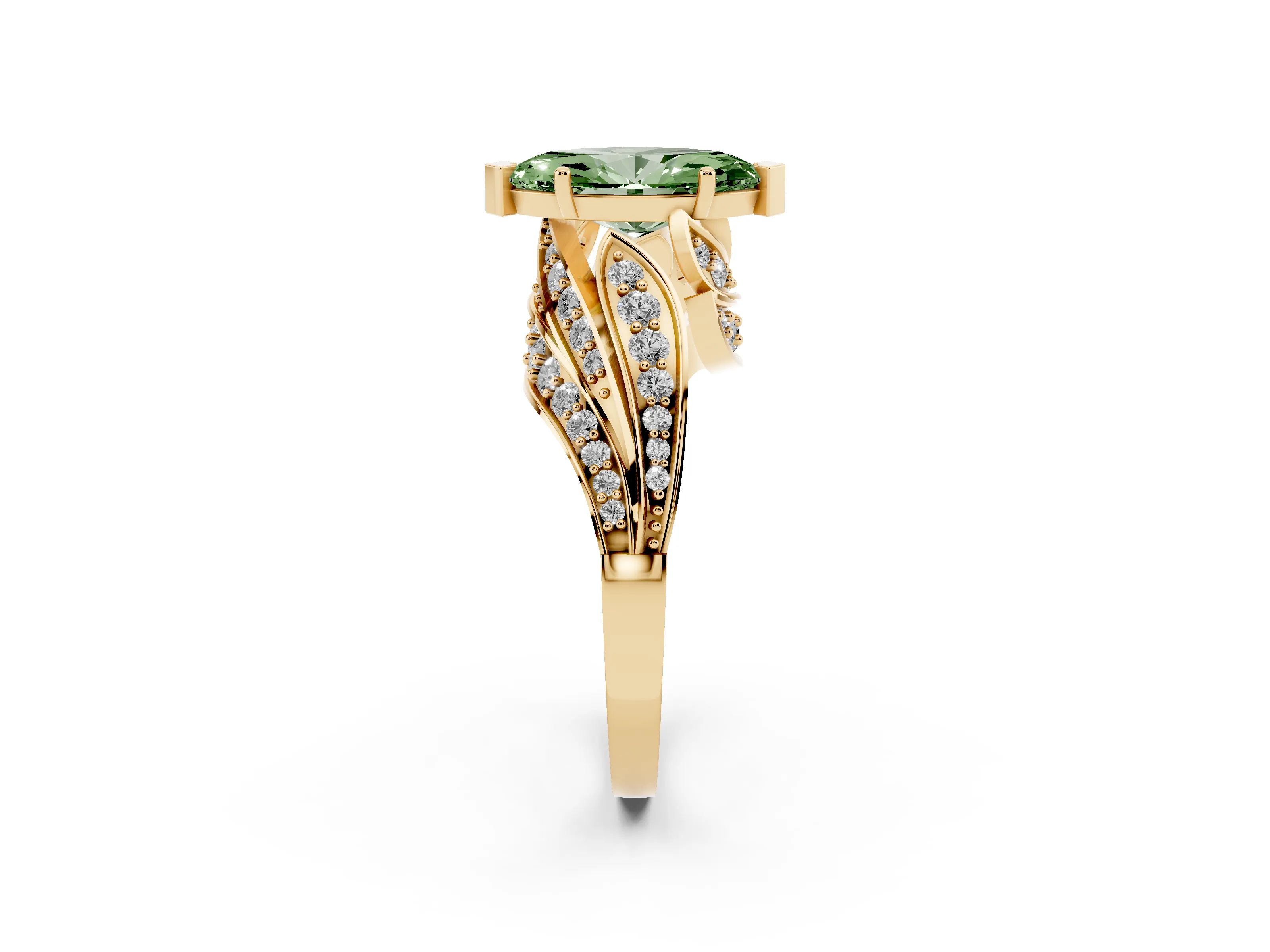 Fancy Green Marquise Cut Diamond Solitaire Ring Set in Yellow gold with Layered Twist Pavé Band