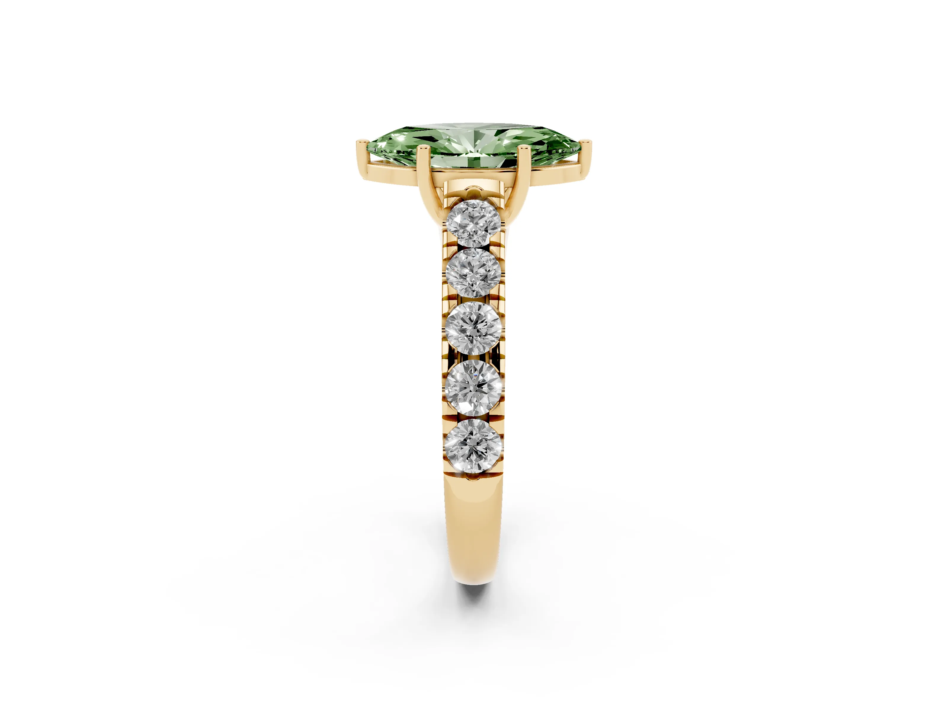 Fancy Green Marquise Cut Diamond Solitaire Ring Set in Yellow gold with Cut-Down Micro Pavé Band and Prong Setting