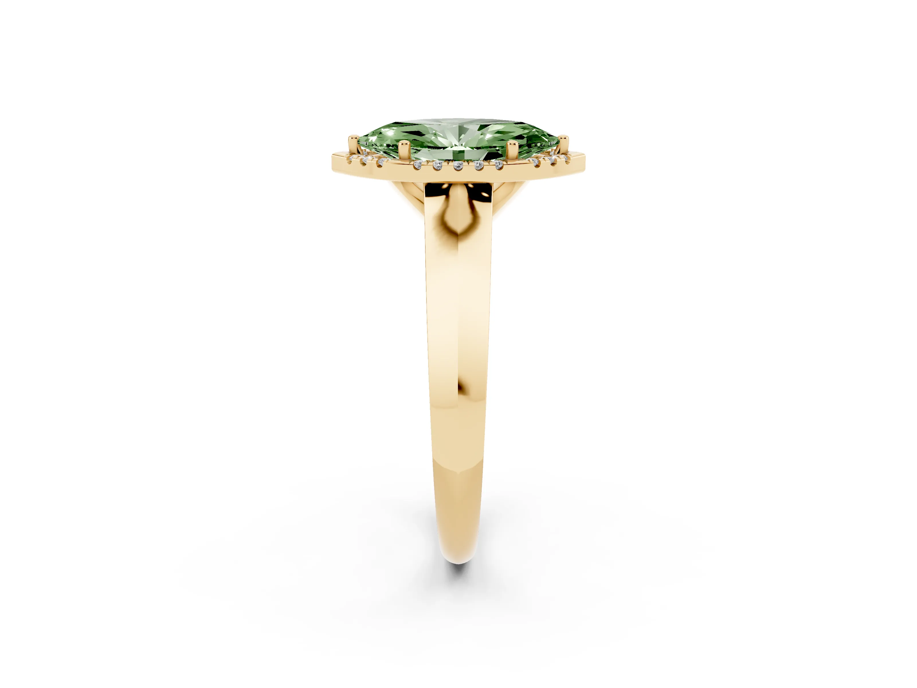 Fancy Green Marquise Cut Diamond Halo Ring Set in Yellow gold with Cathedral Band and Prong Setting