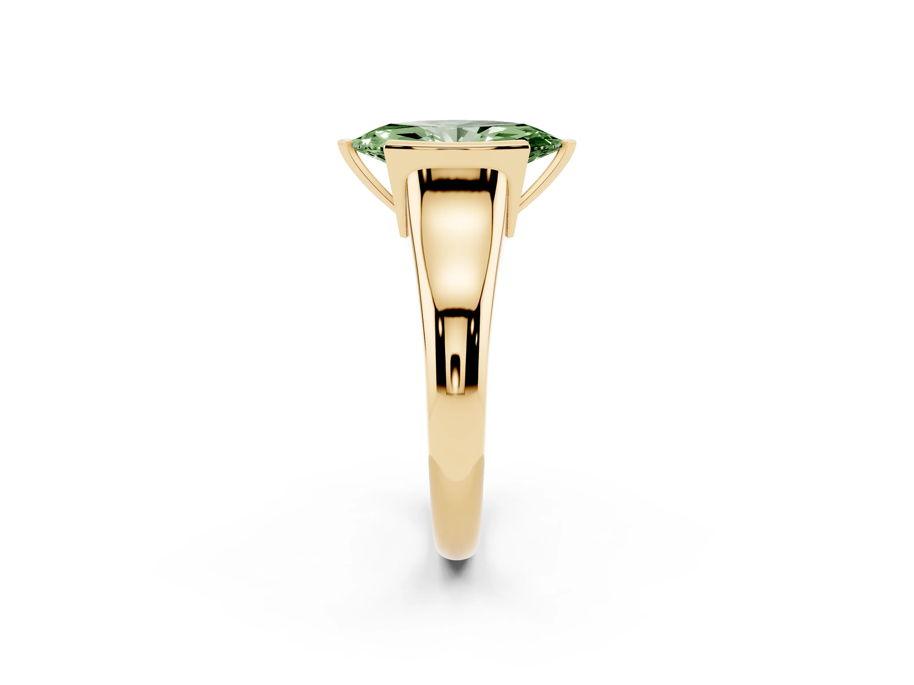 Fancy Green Marquise Cut Diamond Solitaire Tension Set Ring Set in Yellow gold with Split Shank Band