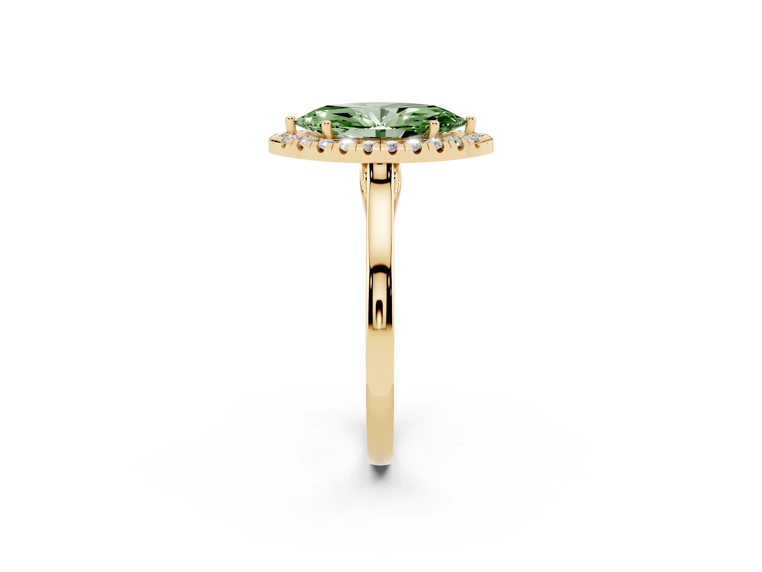 Fancy Green Marquise Cut Halo Round Diamond Solitaire Ring Set in Yellow gold with Pavé Band and Prong Setting