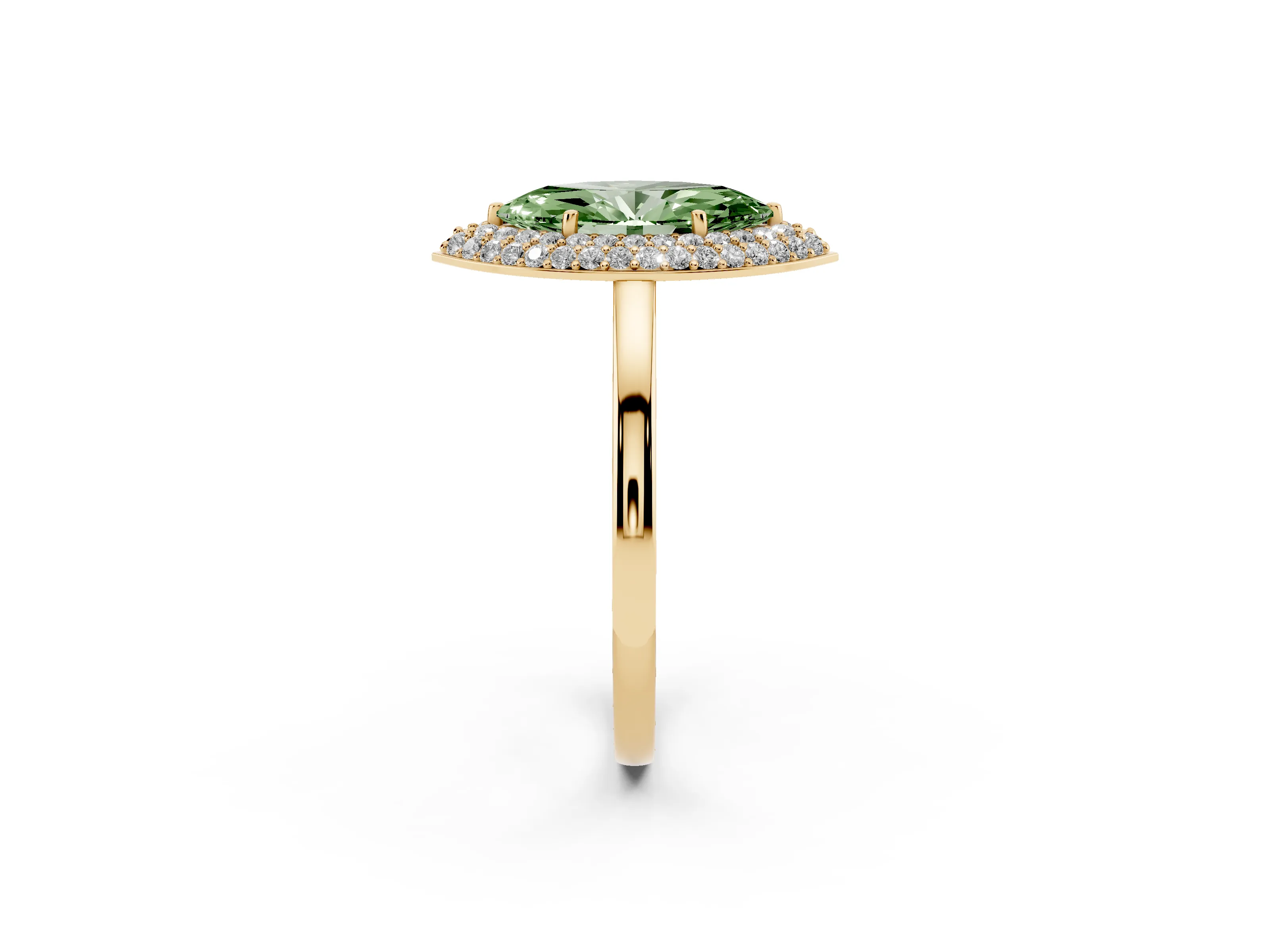 Fancy Green Marquise Cut Diamond Halo Engagement Ring Set in Yellow gold with Solitaire Band and Prong Setting