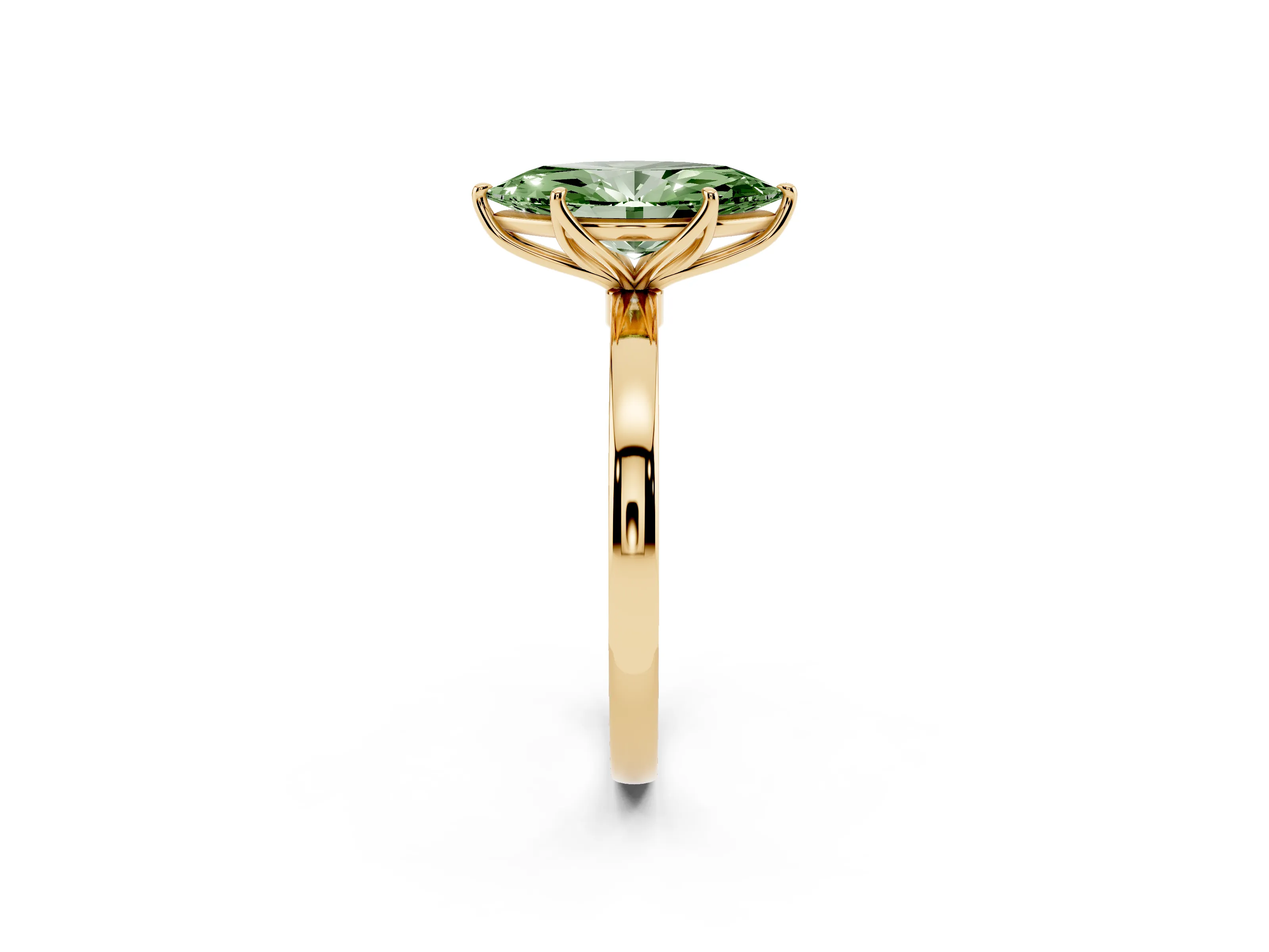 Fancy Green Marquise Cut Diamond Solitaire Ring Set in Yellow gold with Prong Setting and Thin Polished Band