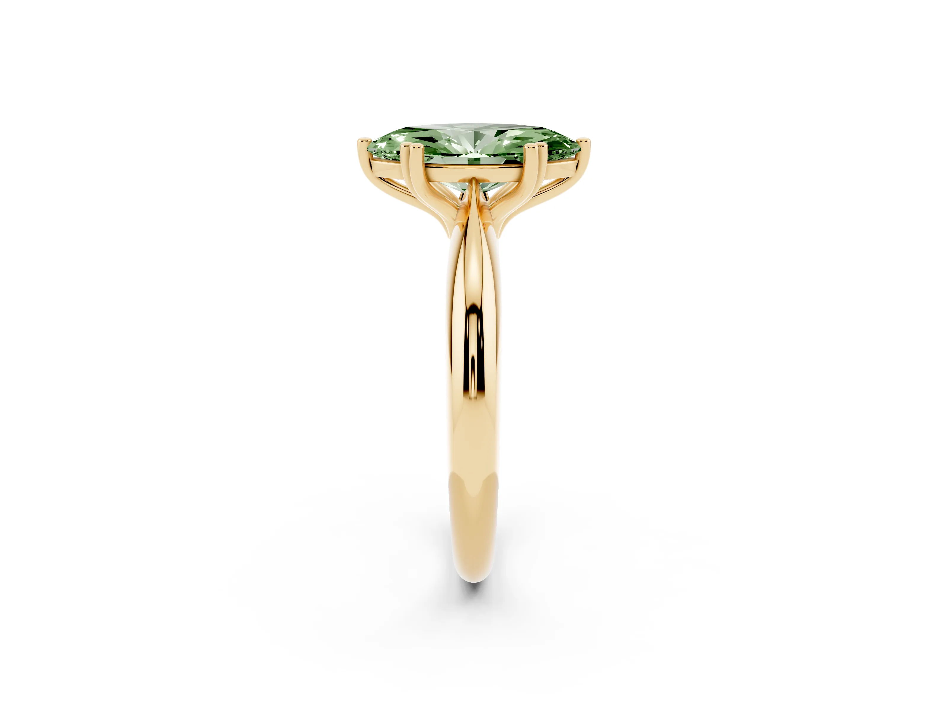 Fancy Green Marquise Cut Diamond Solitaire Engagement Ring Set in Yellow gold with Tapered Band and Prong Setting