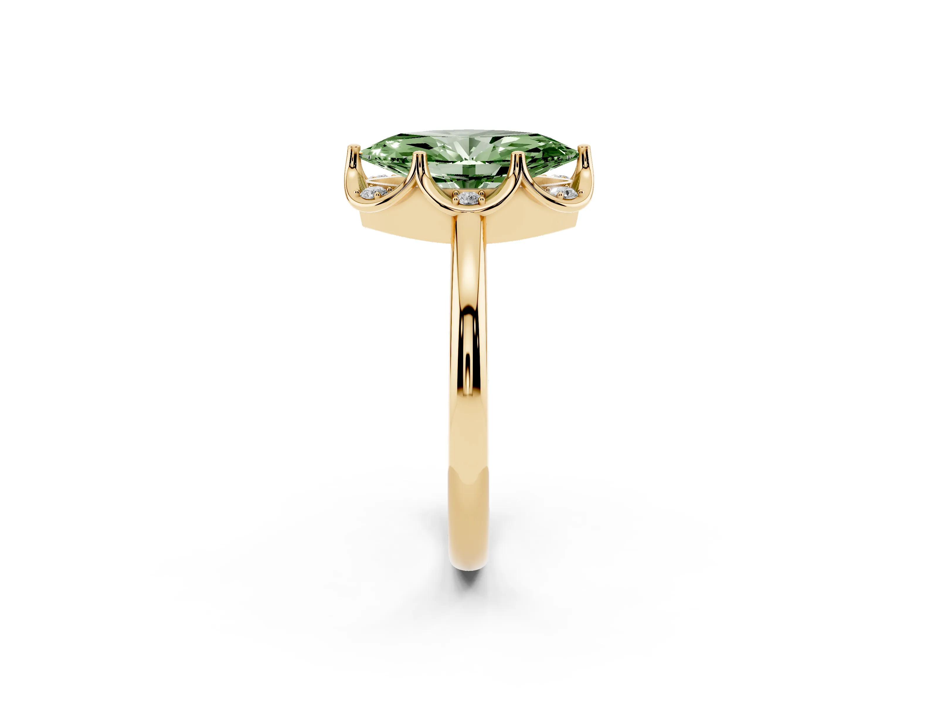 Fancy Green Marquise Cut Diamond Round Cluster Halo Ring Set in Yellow gold with Solitaire Band and Prong Setting