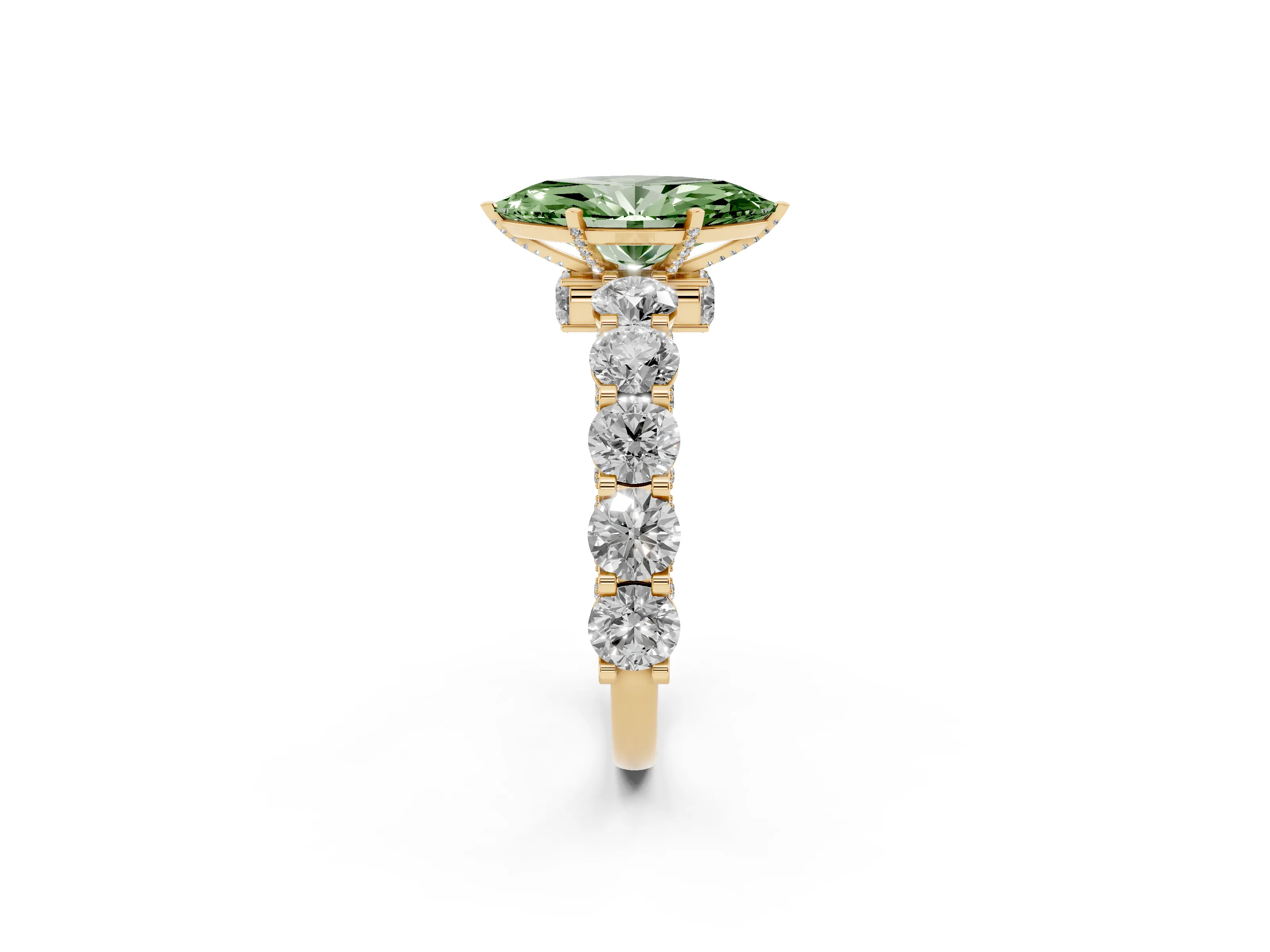 Fancy Green Marquise Cut Diamond Side Stone Ring Set in Yellow gold with Alternating Round and Oval Side Stones