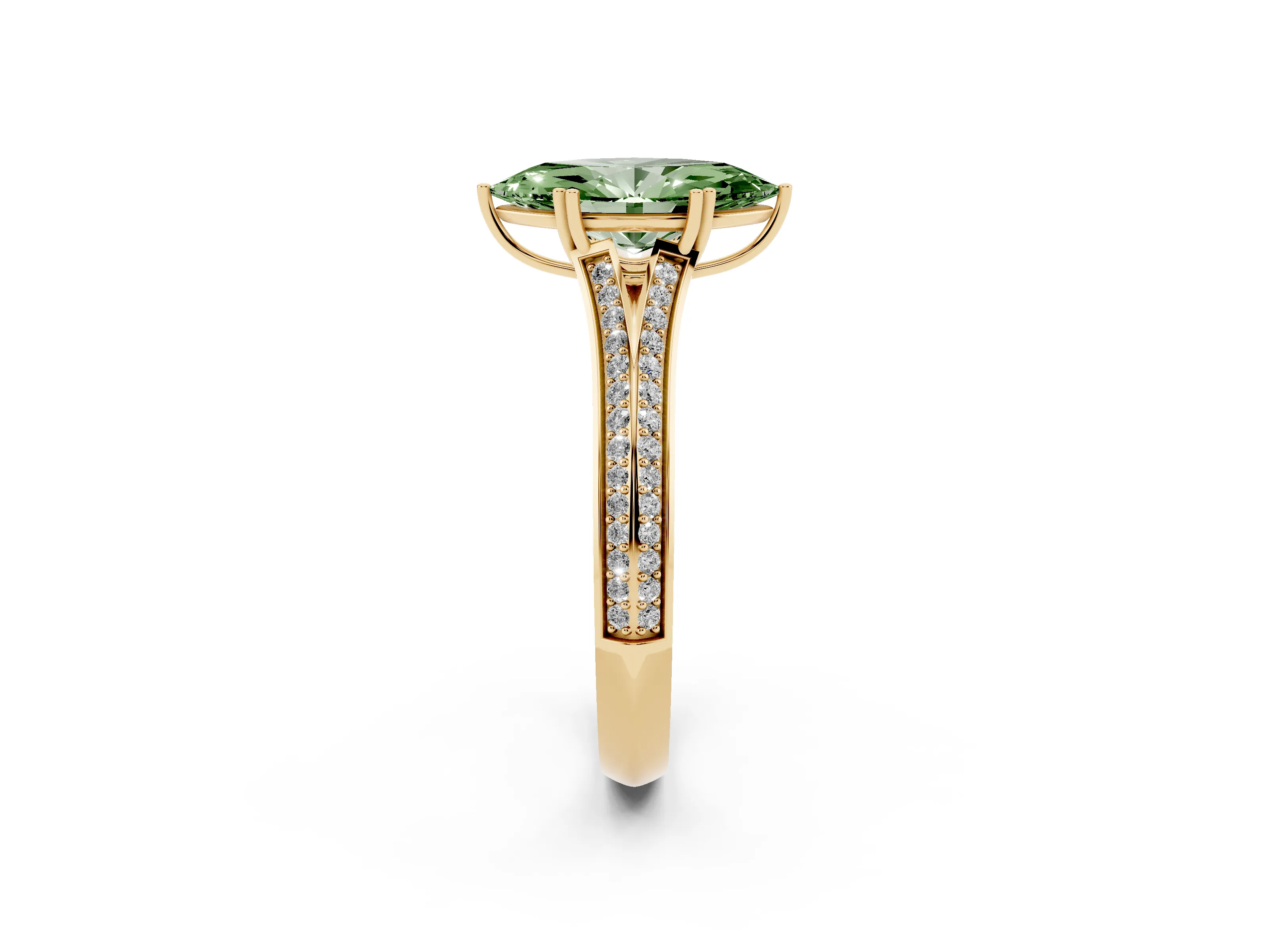 Fancy Green Marquise Cut Diamond Split Shank Pavé Engagement Ring Set in Yellow gold with Prong-Set Center Stone