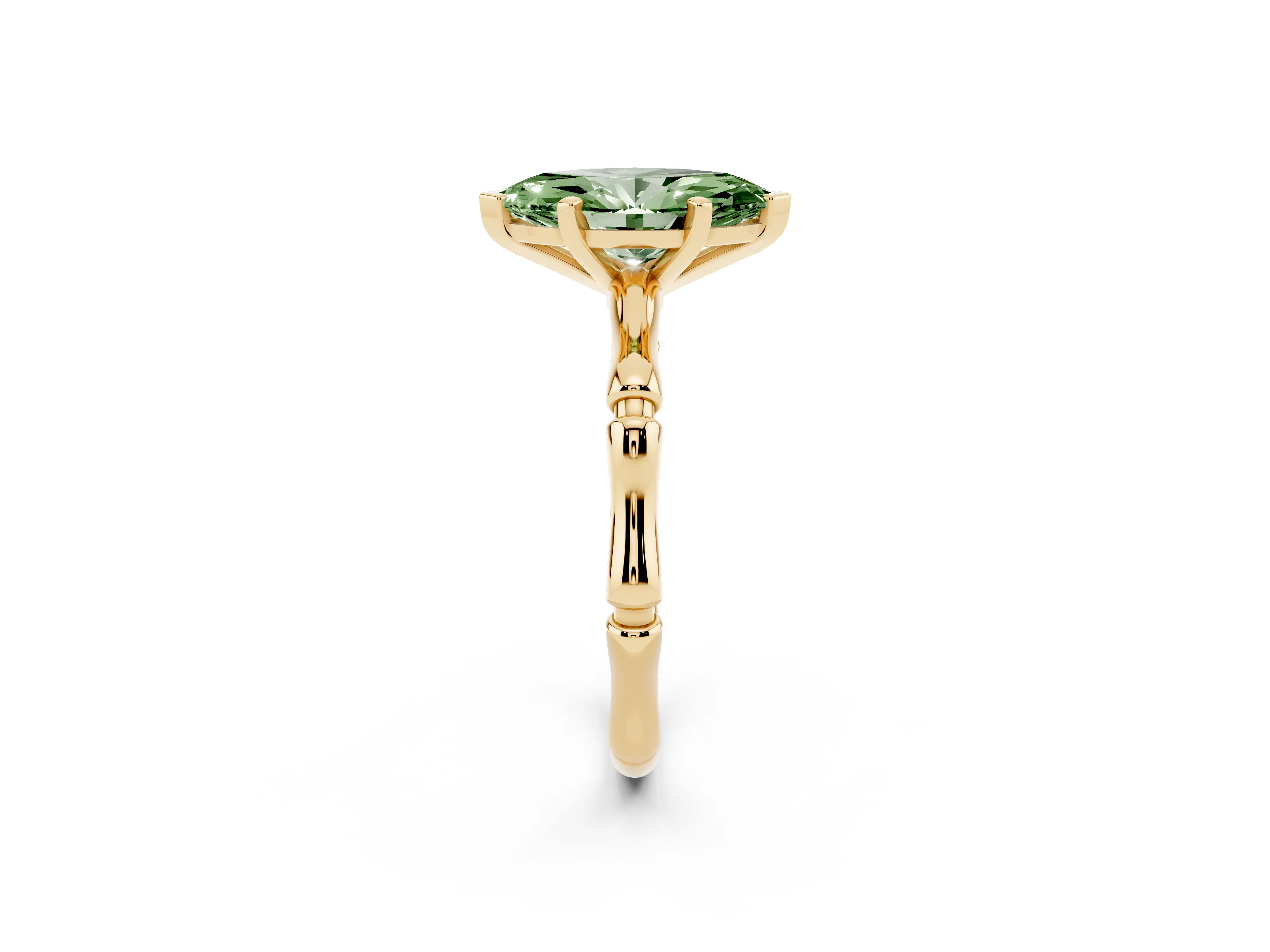 Fancy Green Marquise Cut Diamond Solitaire Ring Set in Yellow gold with Bamboo Band and Prong Setting