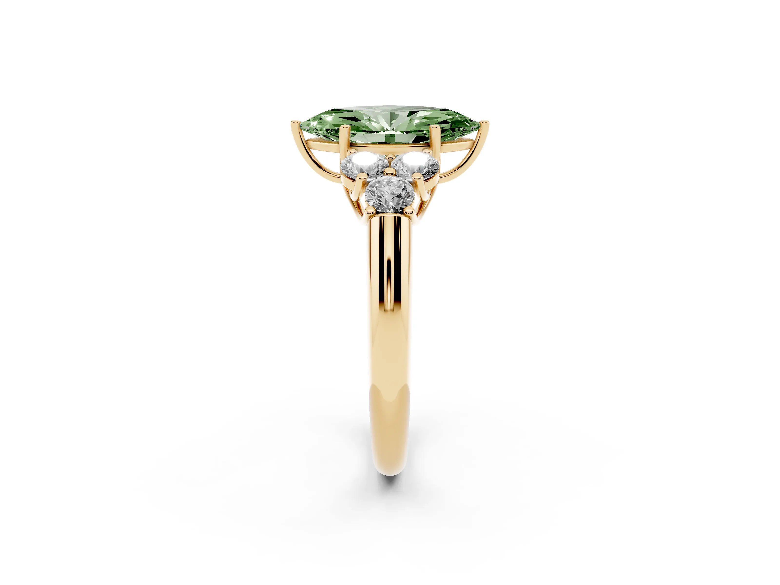Fancy Green Marquise Cut Diamond Cluster Ring Set in Yellow gold with Round Accent Stones and Prong Setting on a Plain Band
