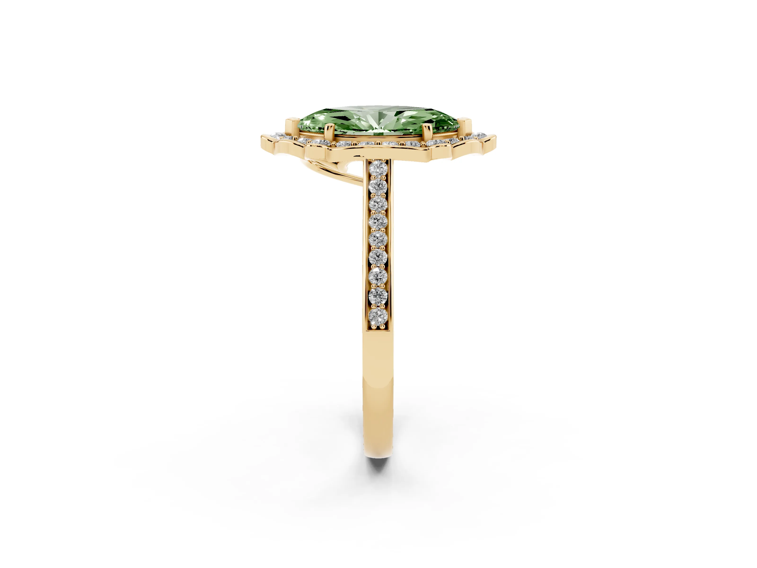 Fancy Green Marquise Cut Diamond Halo Ring Set in Yellow gold with Pavé-Lined Shoulders and Prong Setting