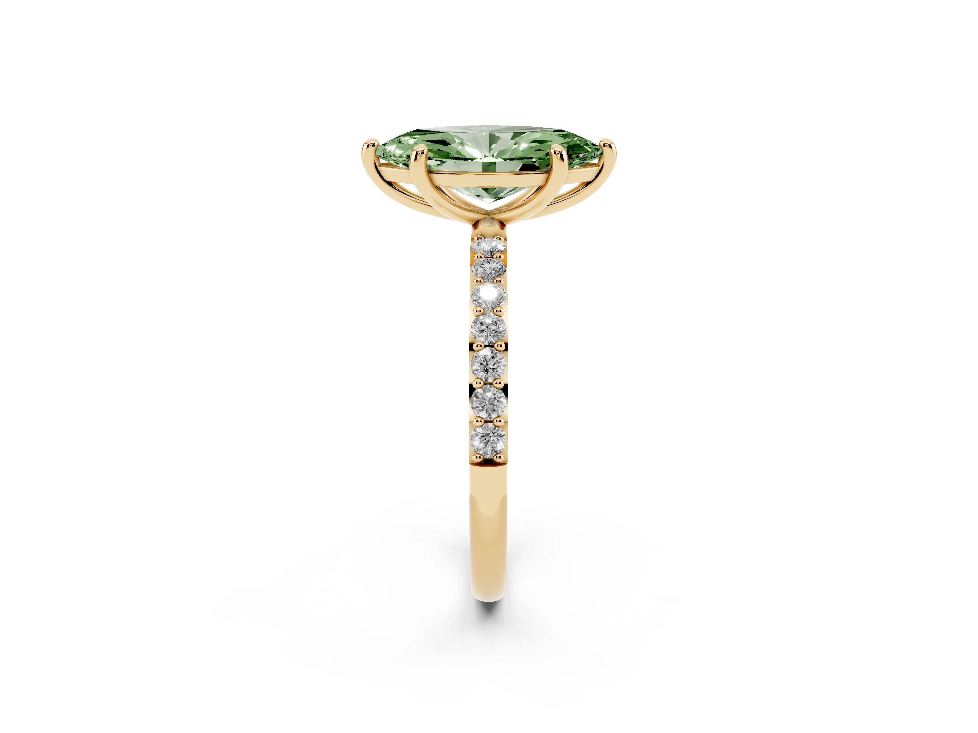 Fancy Green Marquise Cut Diamond Solitaire Ring Set in Yellow gold with Round Pavé Band and Prong Setting