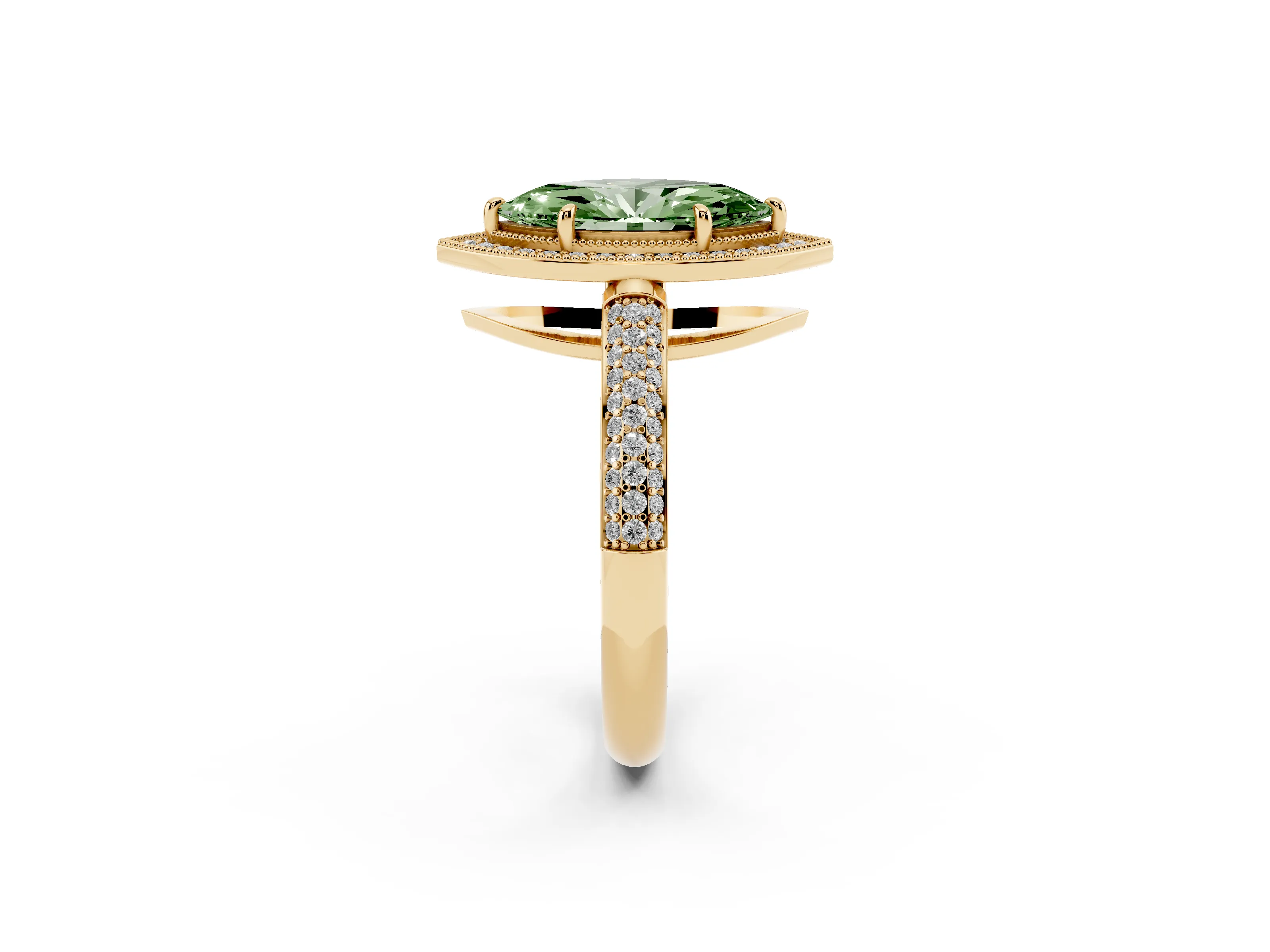 Fancy Green Marquise Cut Diamond Halo Pavé Band Set in Yellow gold with Prong Setting