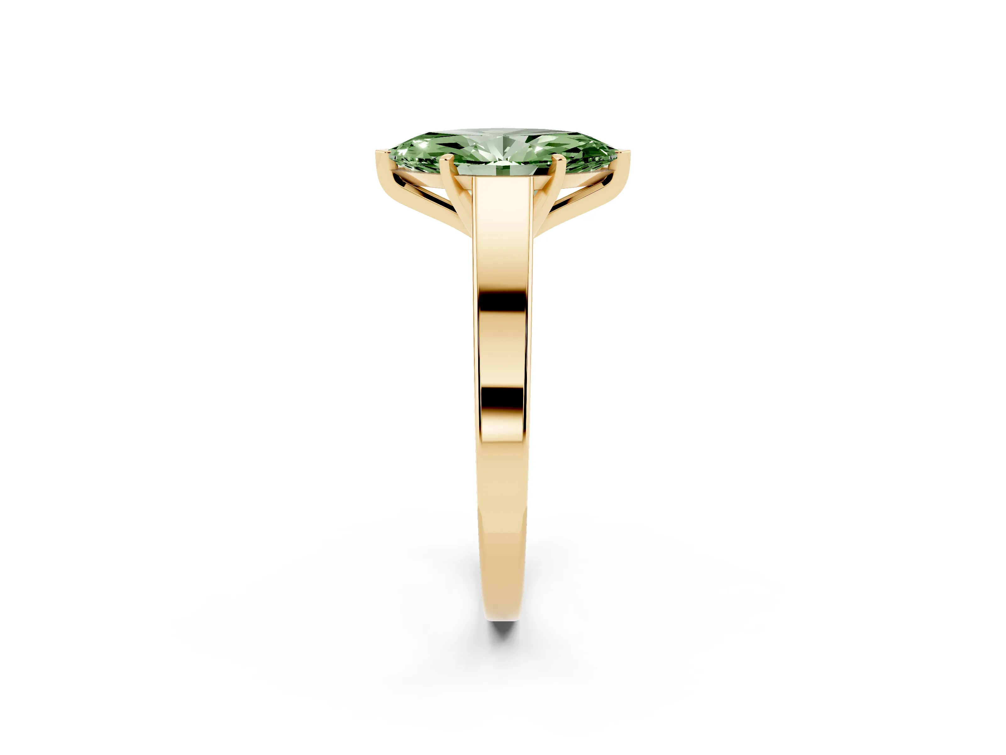 Fancy Green Marquise Cut Diamond Solitaire Engagement Ring Set in Yellow gold with Prong Setting and Tapered Band