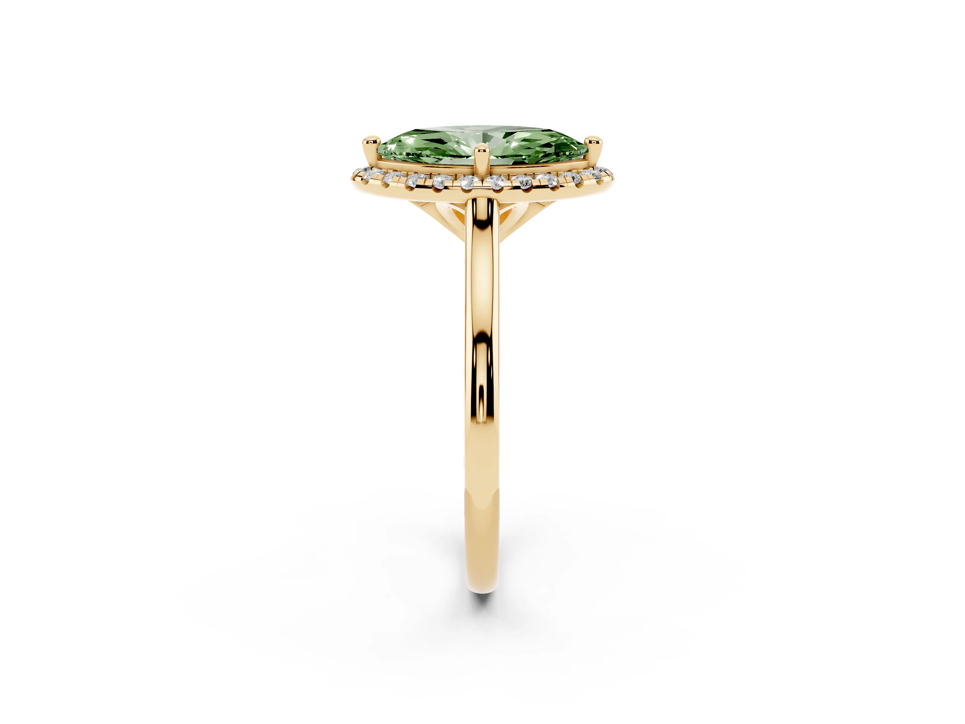 Fancy Green Marquise Cut Diamond Halo Engagement Ring Set in Yellow gold with Pavé Band and Rising Shoulders