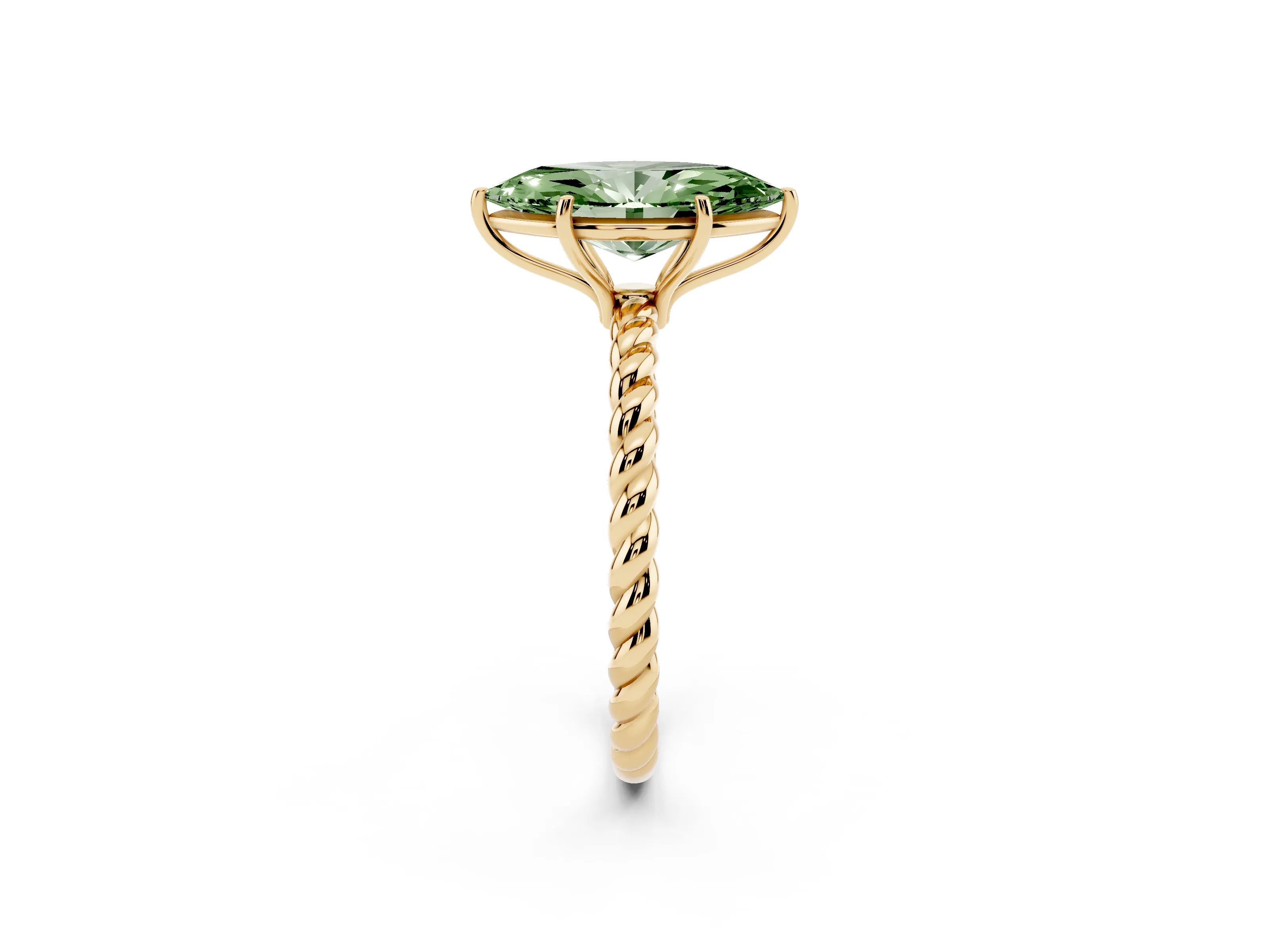 Fancy Green Marquise Cut Diamond Solitaire Ring Set in Yellow gold with Twist Band and Prong Setting