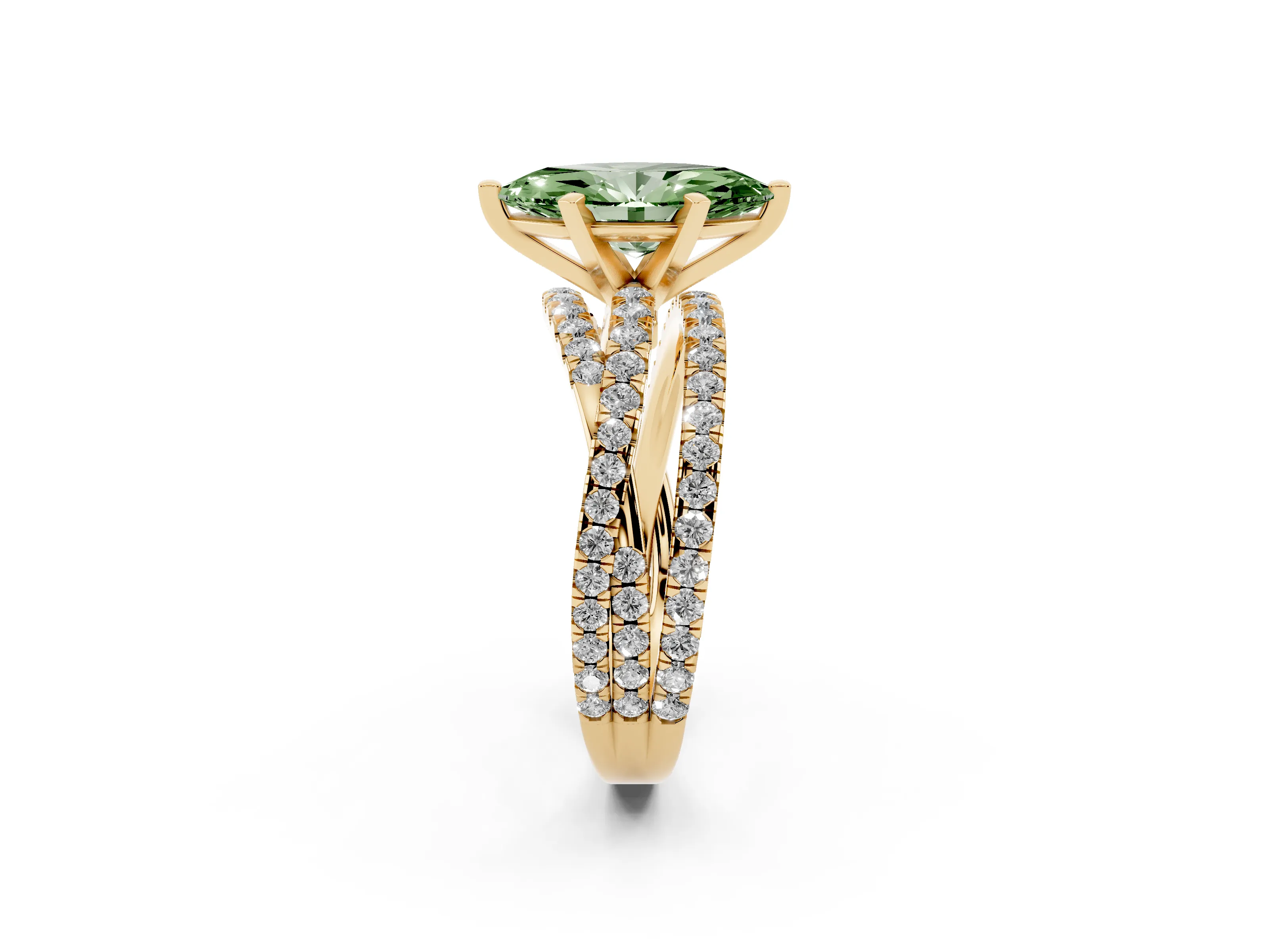 Fancy Green Marquise Cut Diamond Solitaire Twist Band Ring Set in Yellow gold with Pavé Setting and Prong Head