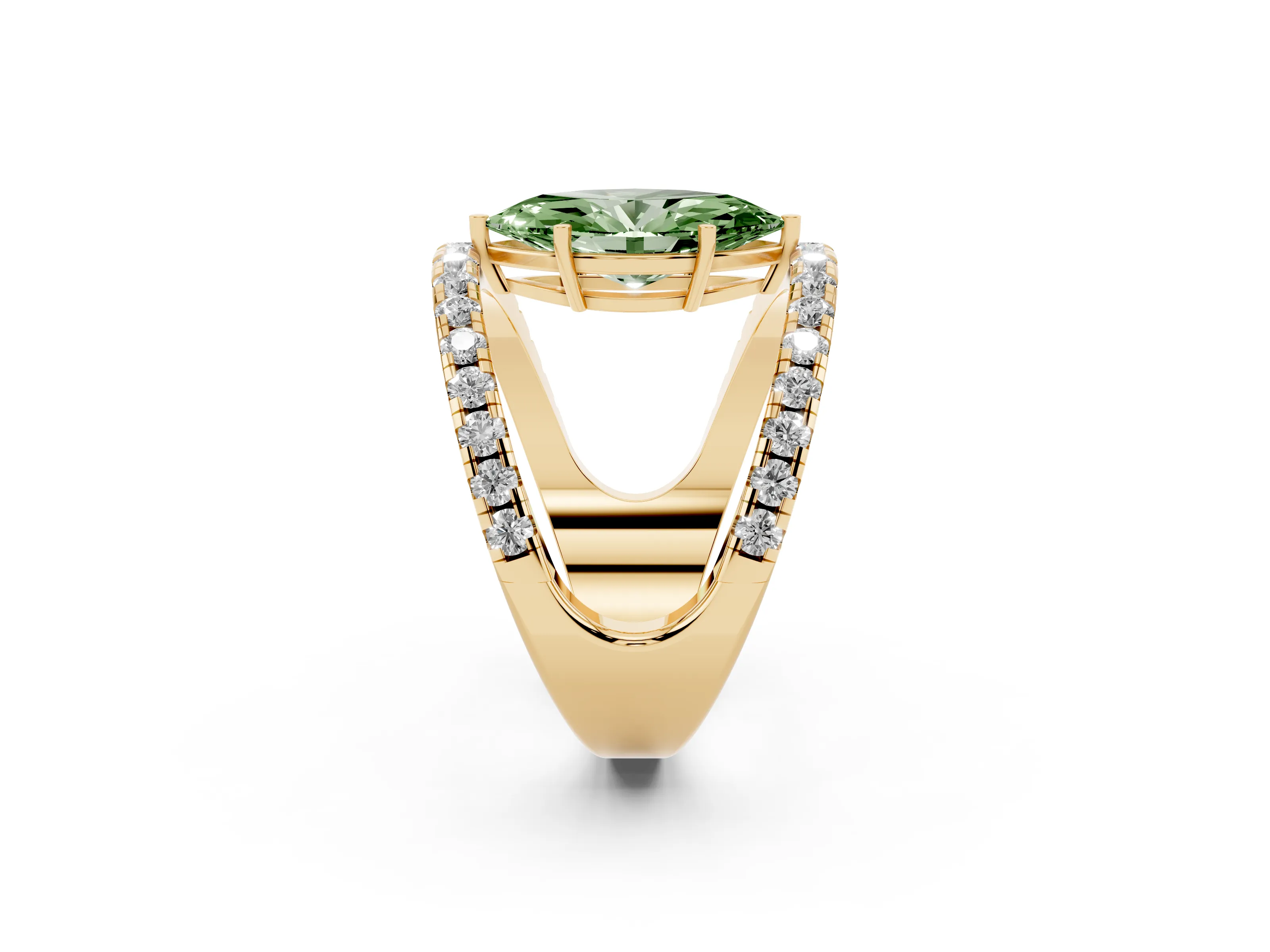 Fancy Green Marquise Cut Diamond Split Shank Pavé Solitaire Ring Set in Yellow gold with Open Shank Design