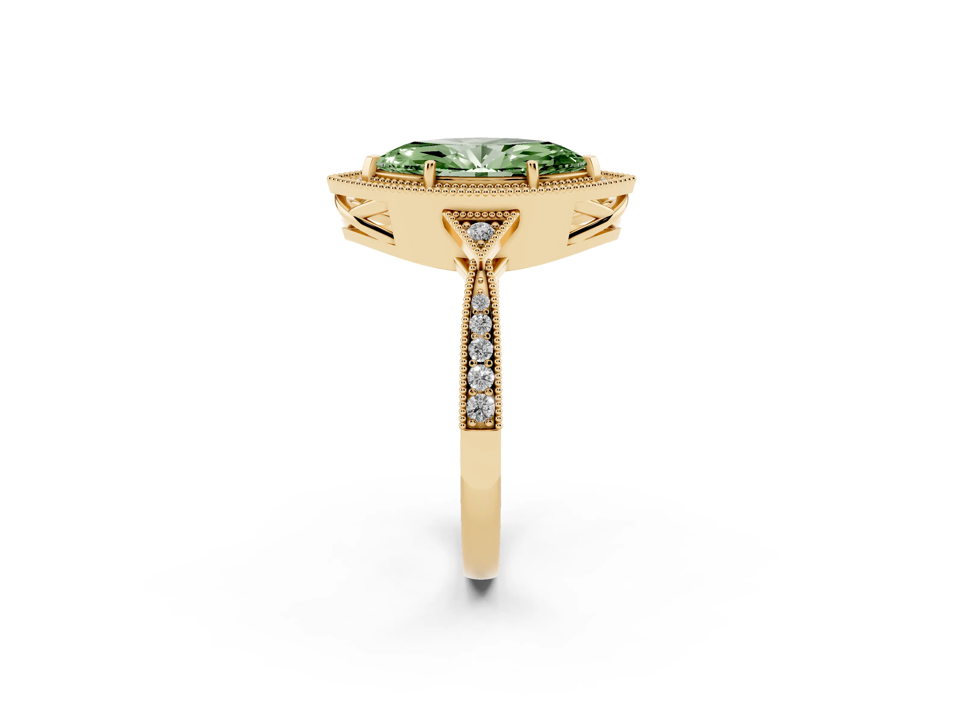 Fancy Green Marquise Cut Diamond Halo Engagement Ring Set in Yellow gold with Milgrain Pavé Band
