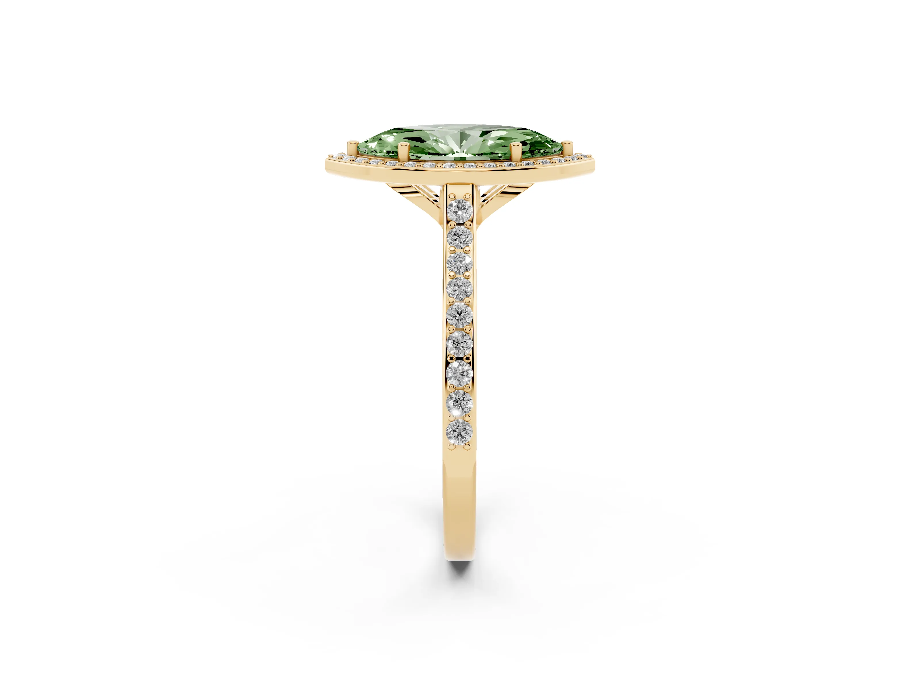 Fancy Green Marquise Cut Diamond Halo Engagement Ring Set in Yellow gold with Round Pavé Shoulders and Heart Gallery