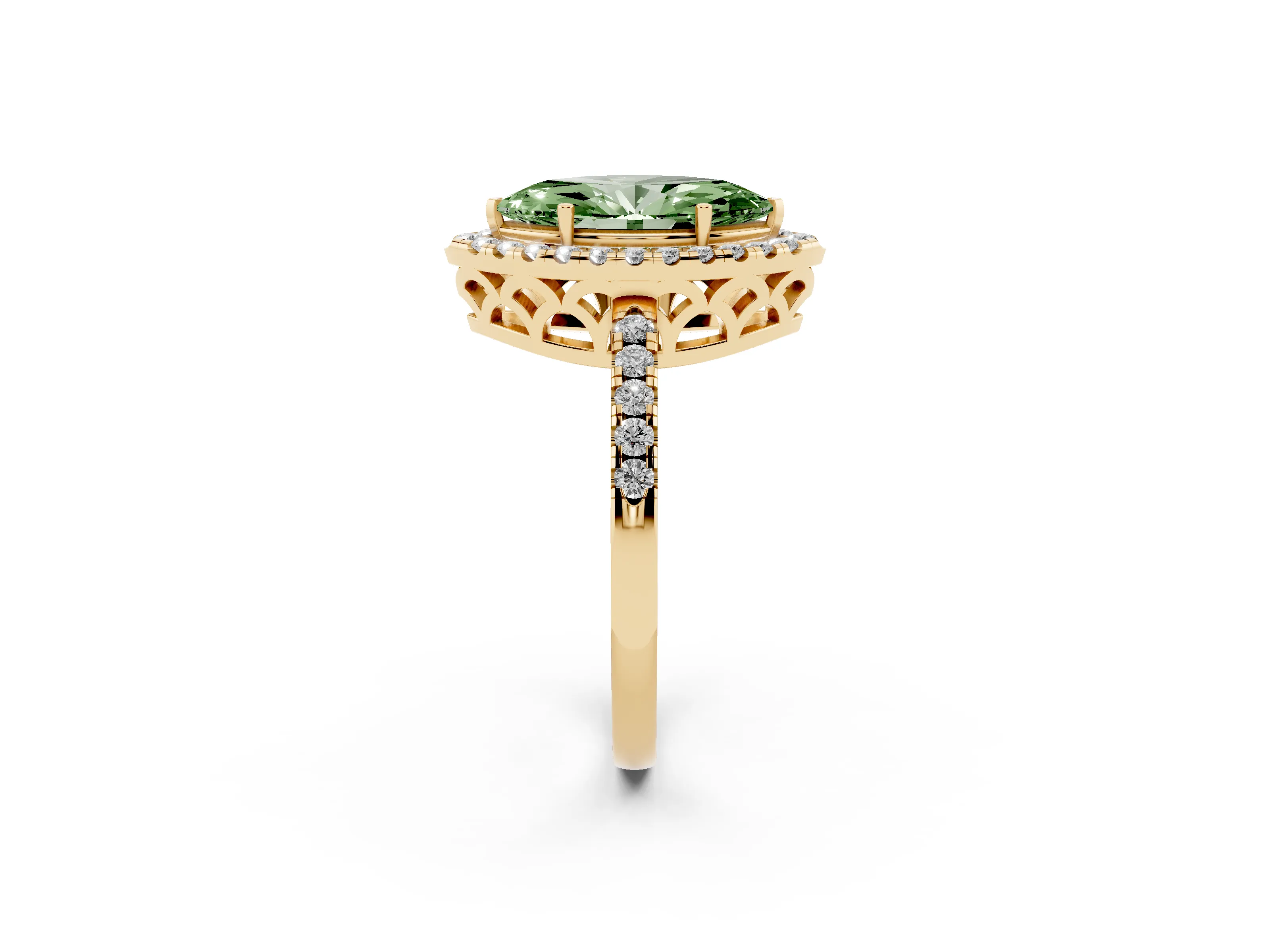 Fancy Green Marquise Cut Diamond Pavé Band Halo Engagement Ring Set in Yellow gold with Prong Setting