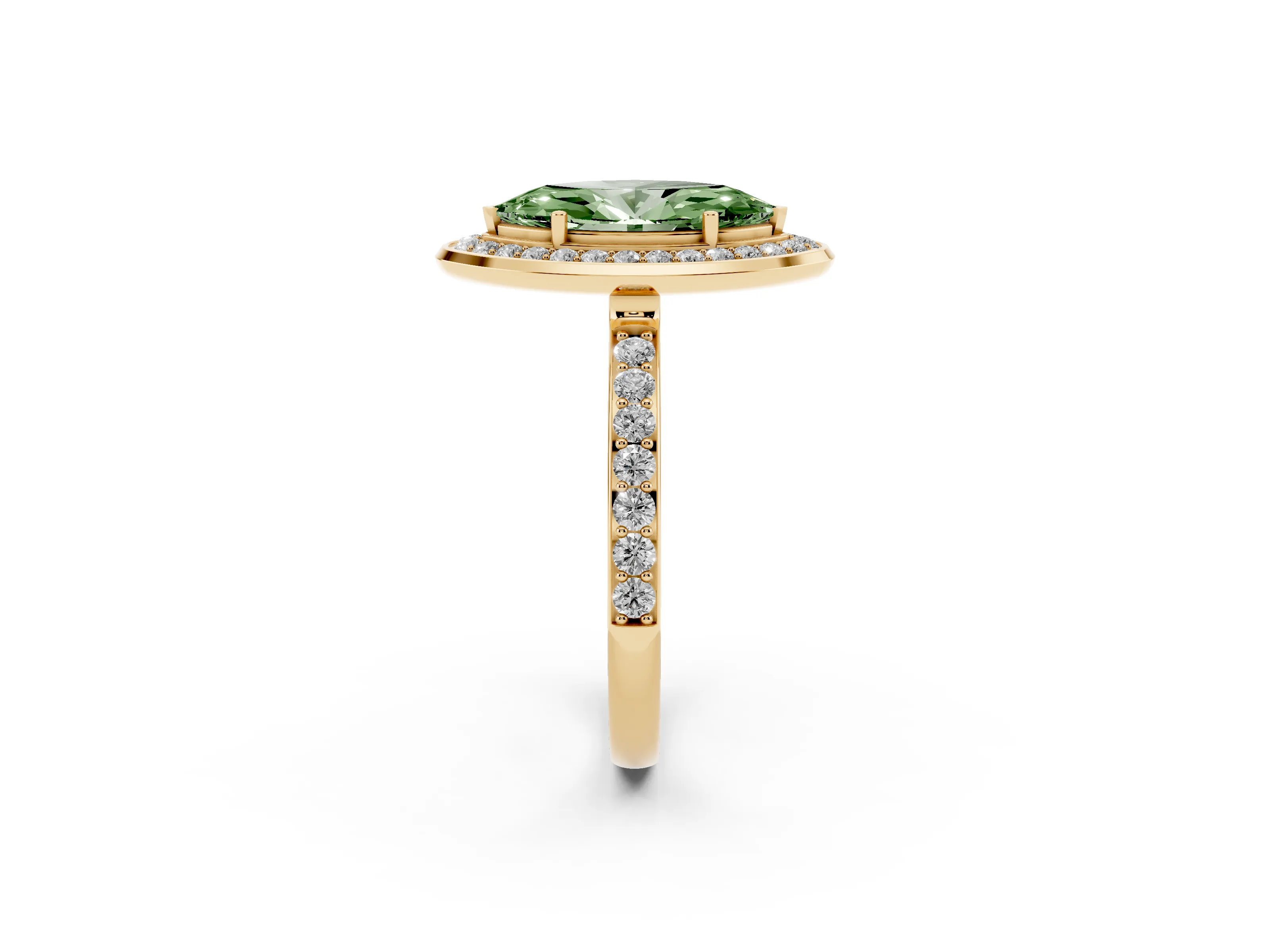 Fancy Green Marquise Cut Diamond Halo Ring Set in Yellow gold with Bezel Frame and Pavé Band