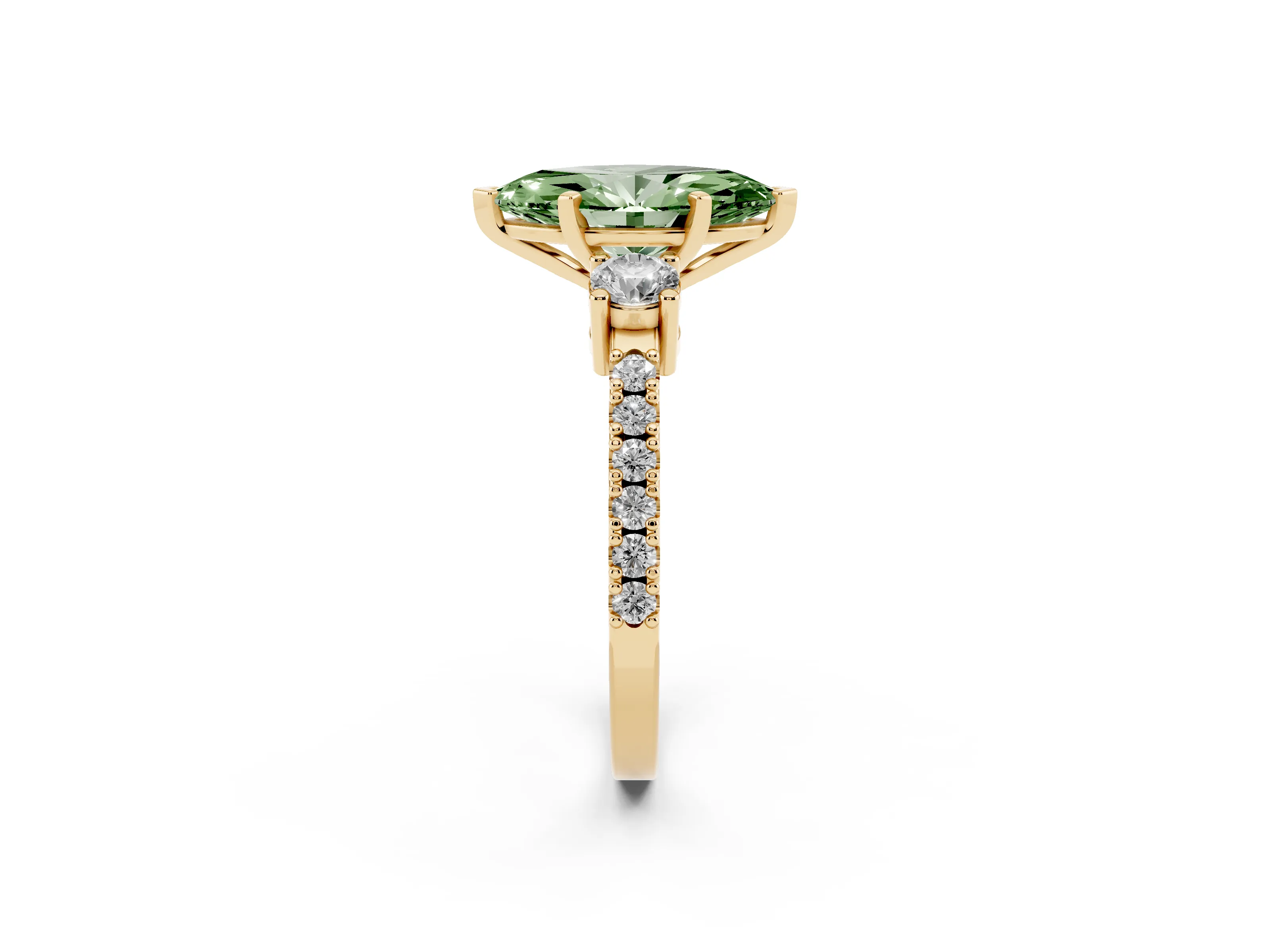 Fancy Green Three-Stone Marquise Cut Diamond Pavé Band Ring Set in Yellow gold with Prong Setting