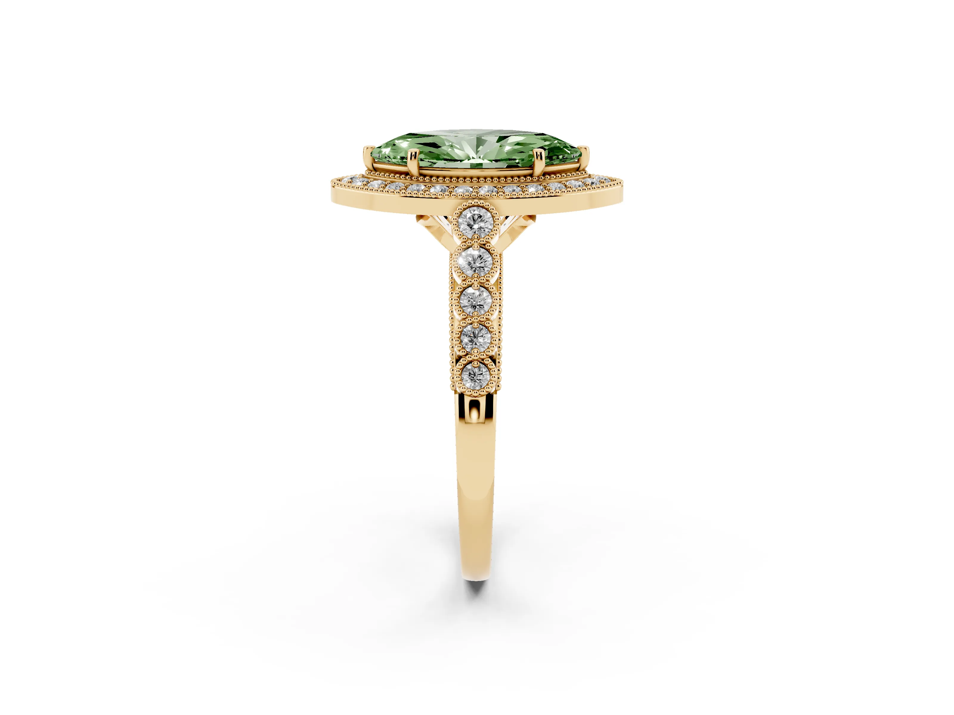 Fancy Green Marquise Cut Diamond Milgrain Halo Solitaire Ring Set in Yellow gold with Bezel Set Side Stones and Pavé Band