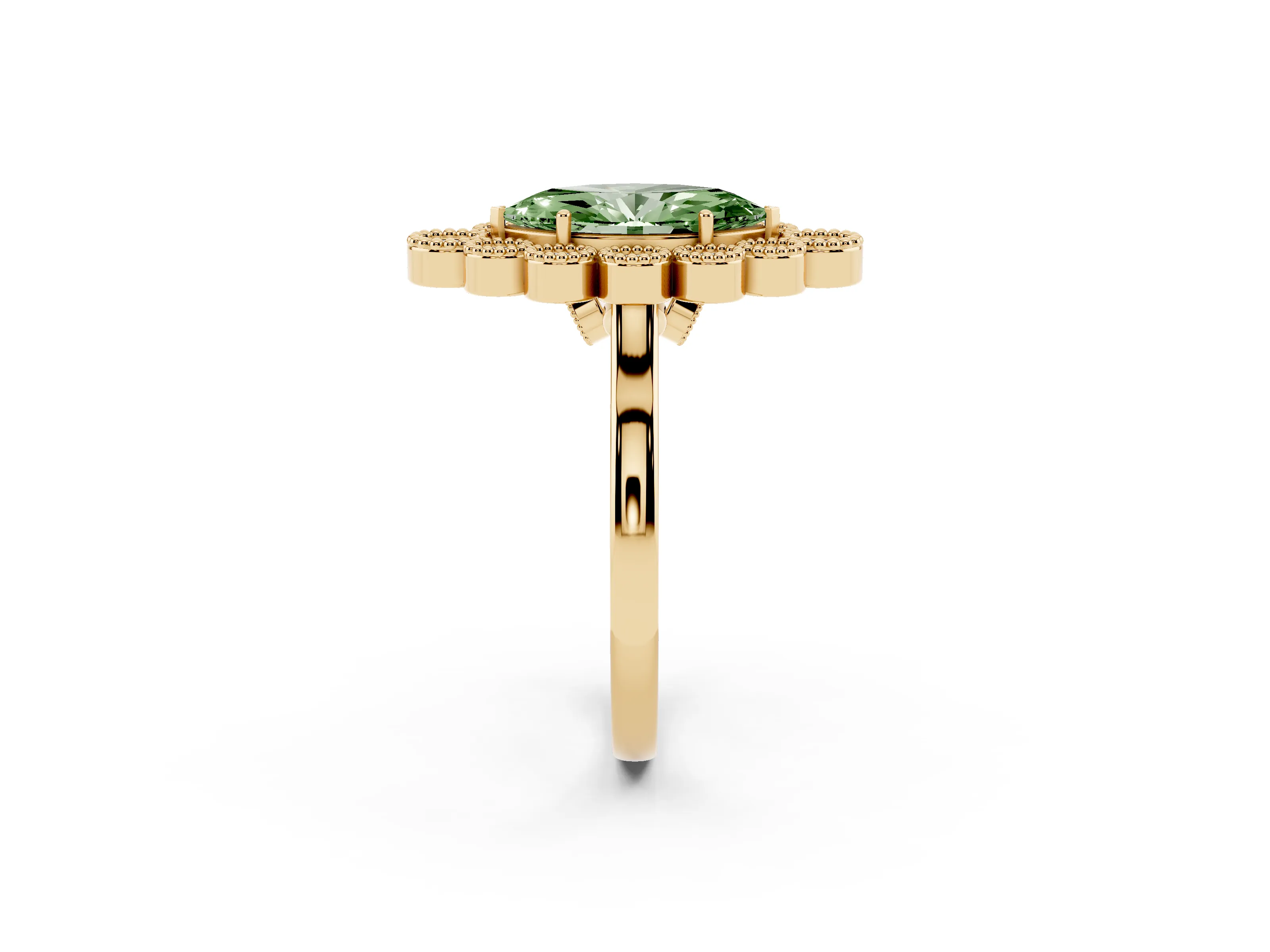 Fancy Green Marquise Cut Diamond Cluster Halo Ring Set in Yellow gold with Milgrain Bezel Accents and Plain Band