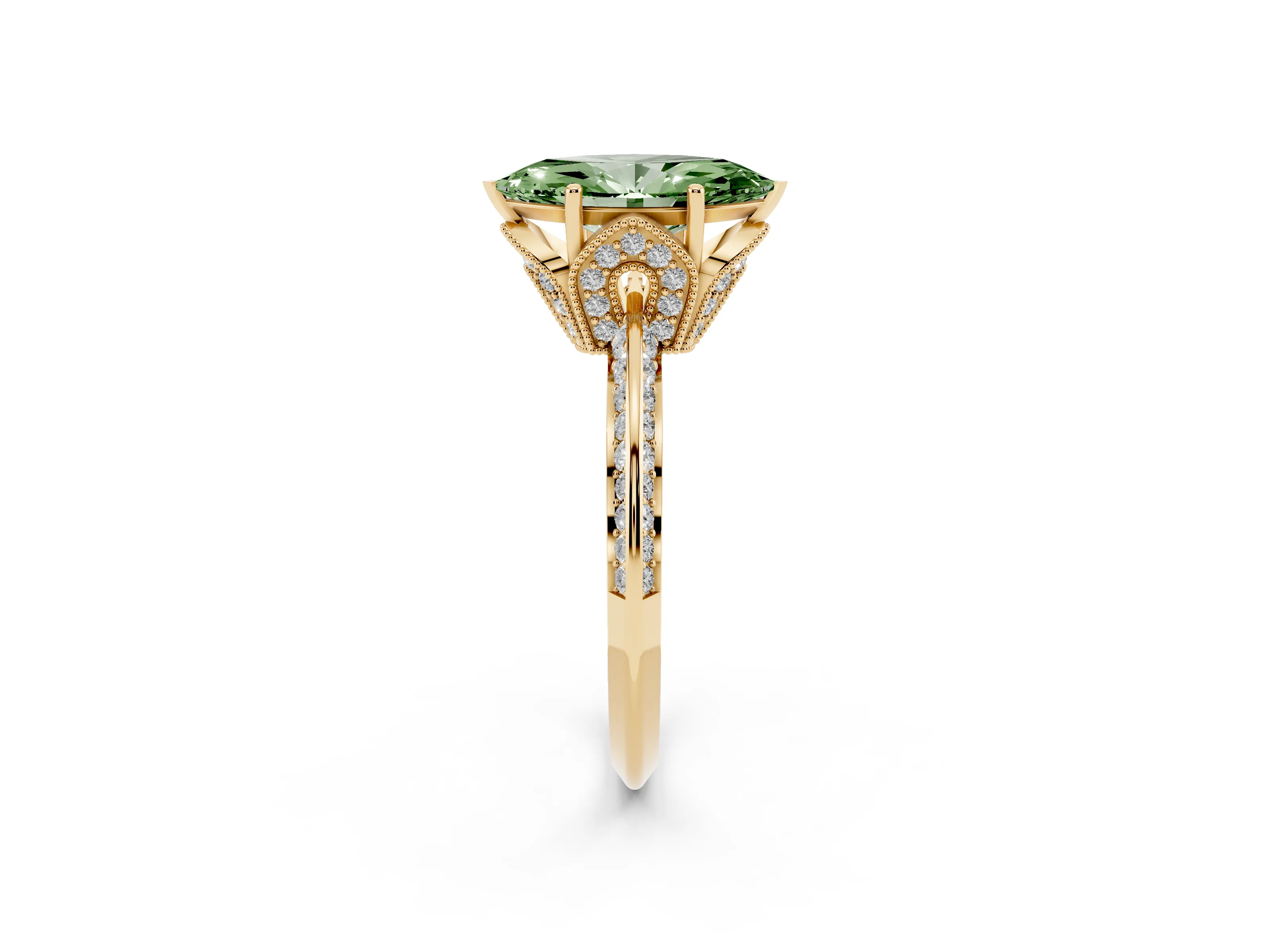 Fancy Green Marquise Cut Diamond Solitaire Engagement Ring Set in Yellow gold with Pavé Split Shank and Prong Setting