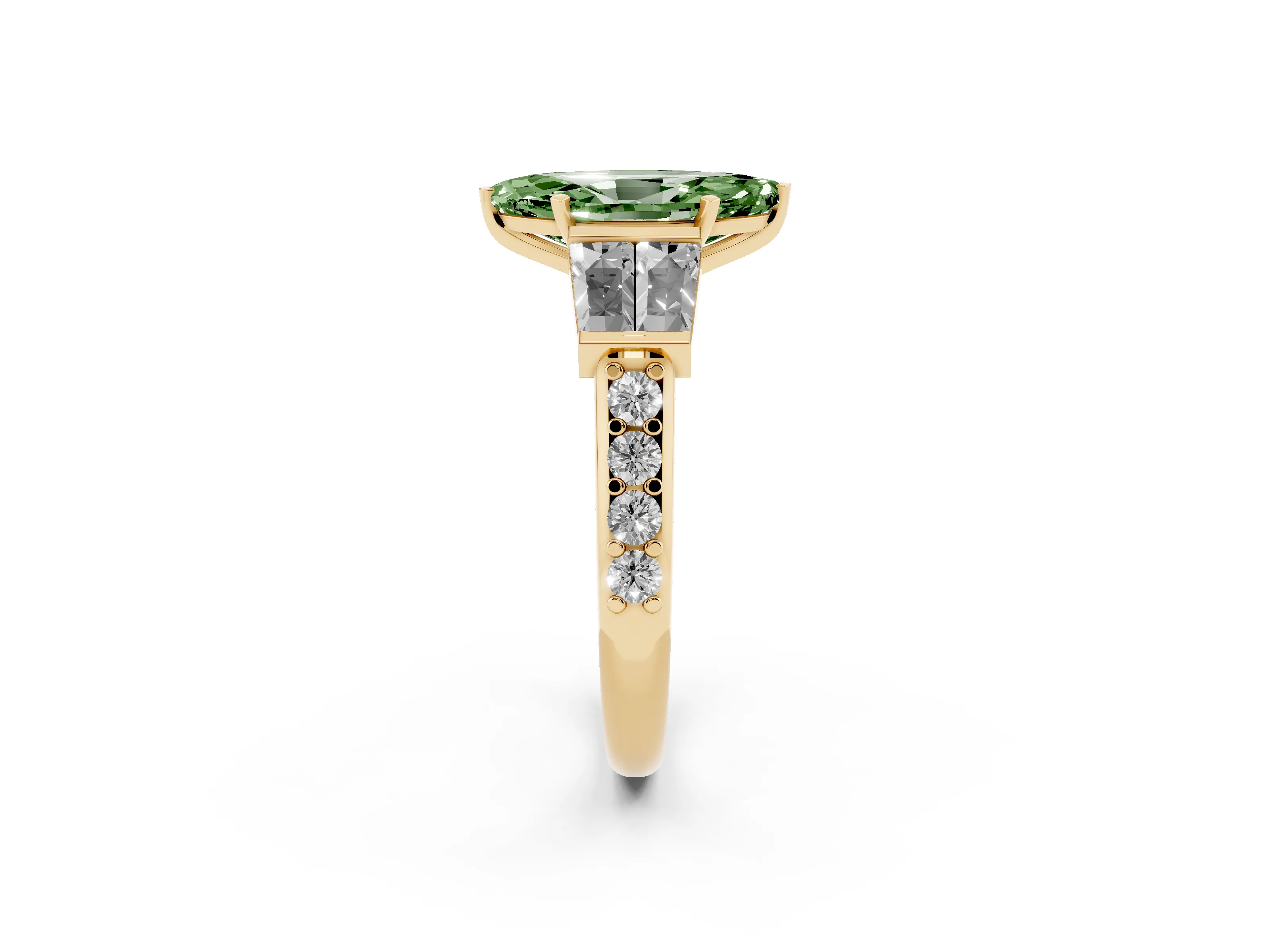 Fancy Green Marquise Cut Diamond Engagement Ring Set in Yellow gold with Baguette Side Stones and Channel Set Band