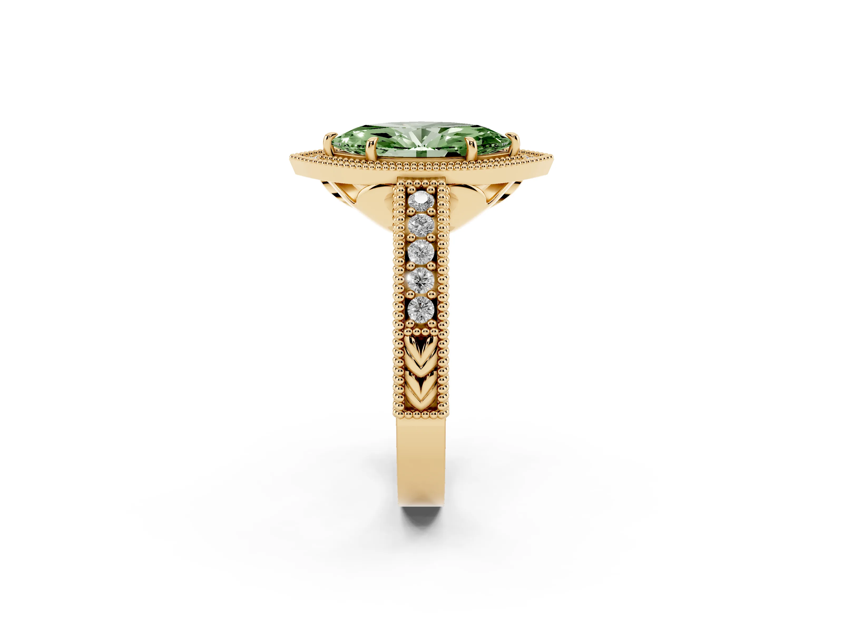 Fancy Green Marquise Cut Diamond Halo Ring Set in Yellow gold with Round Accent Halo, Pavé Band and Prong Setting