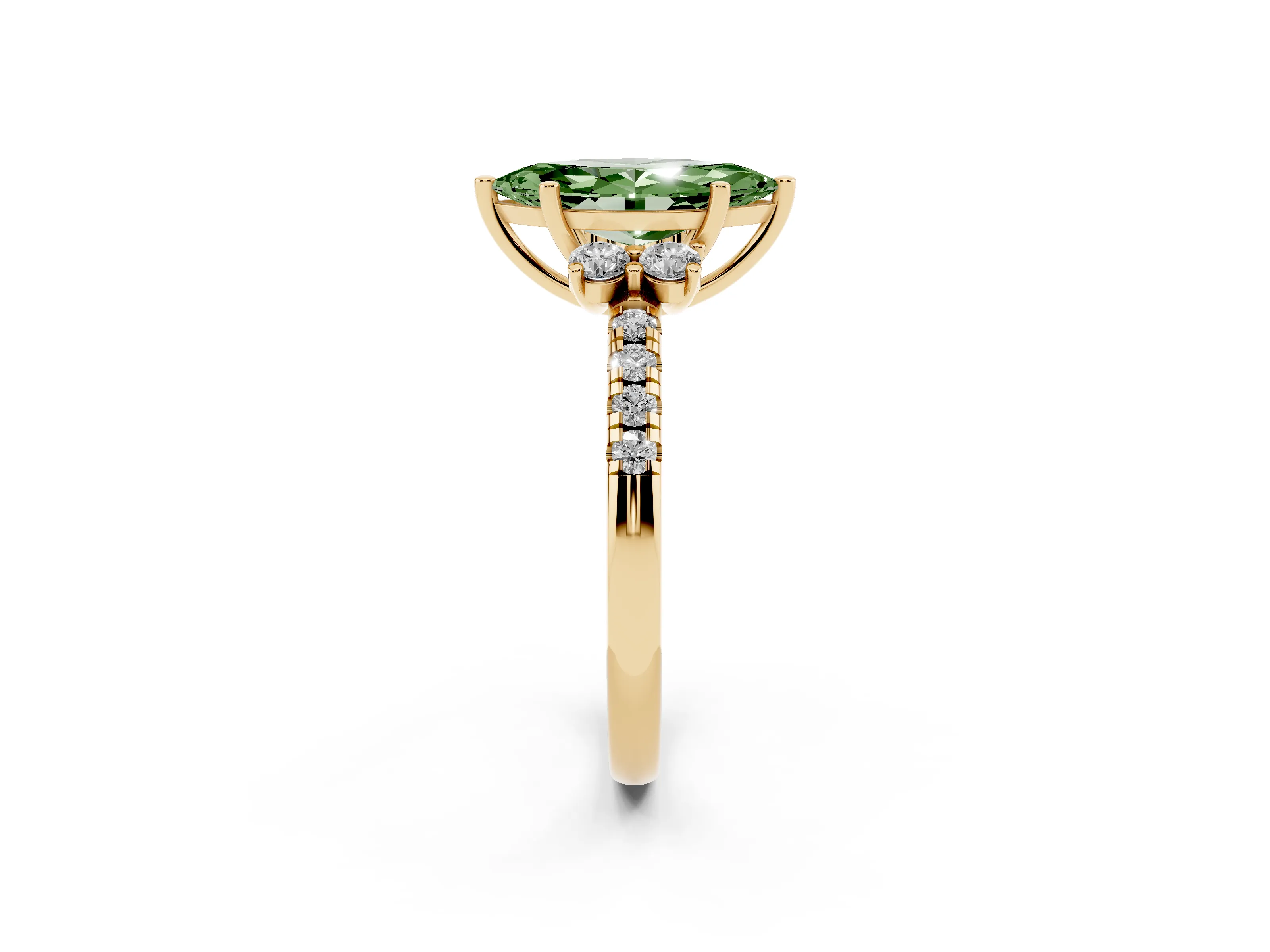 Fancy Green Marquise Cut Diamond Three-Stone Pavé Ring Set in Yellow gold with Prong Setting