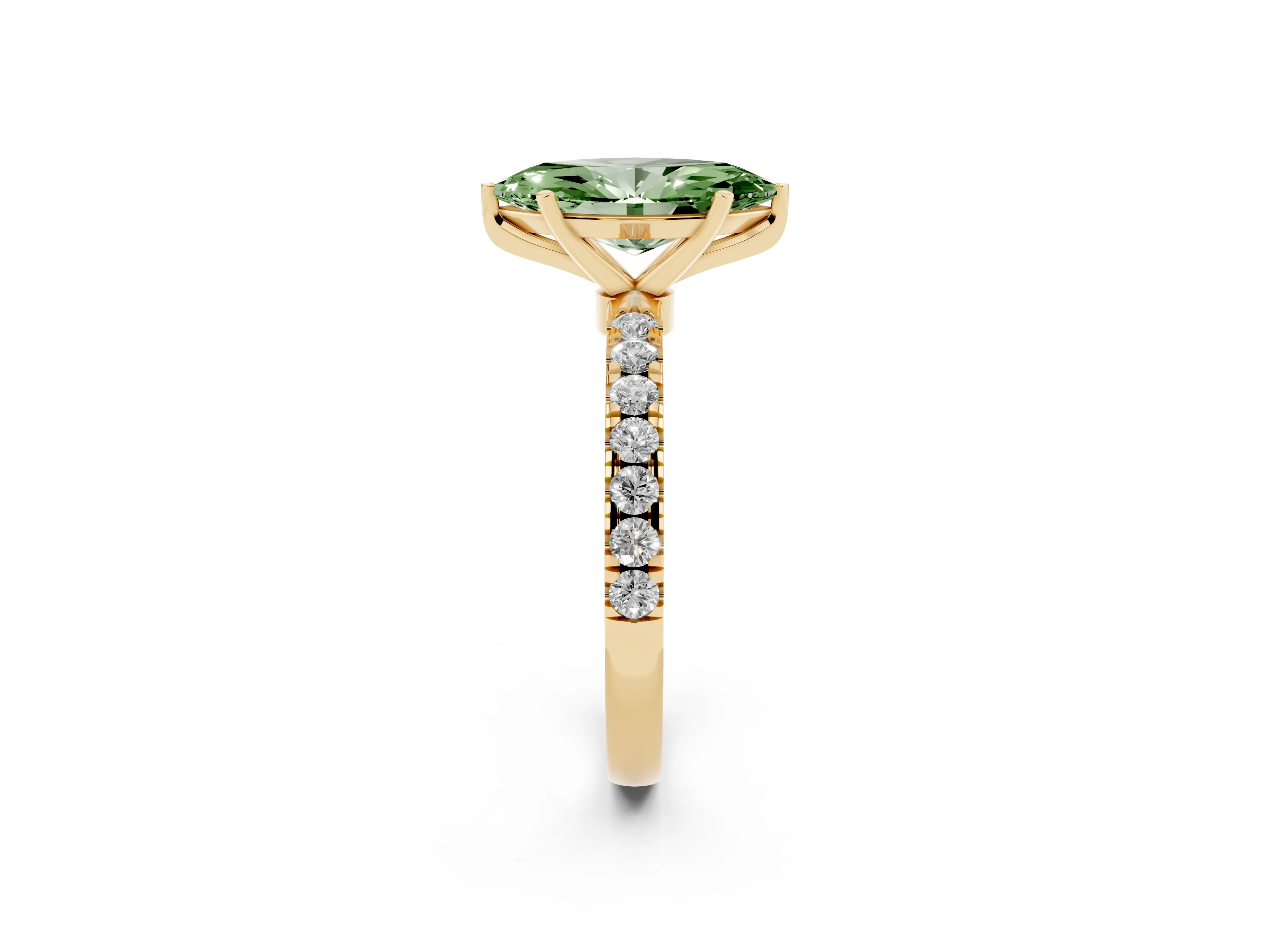Fancy Green Marquise Cut Diamond Solitaire Ring Set in Yellow gold with Pavé Accents and Prong Setting
