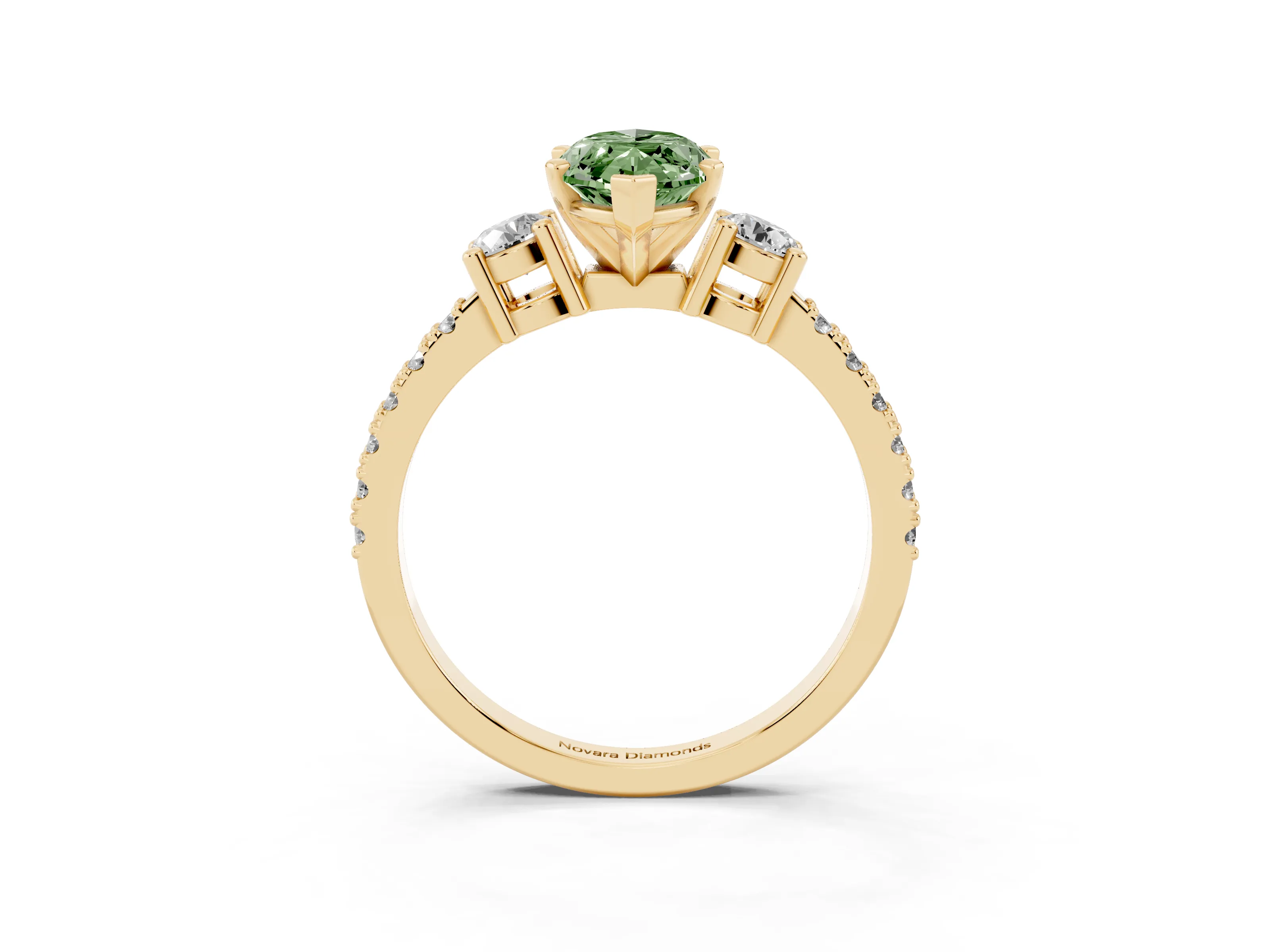 Fancy Green Three-Stone Marquise Cut Diamond Pavé Band Ring Set in Yellow gold with Prong Setting