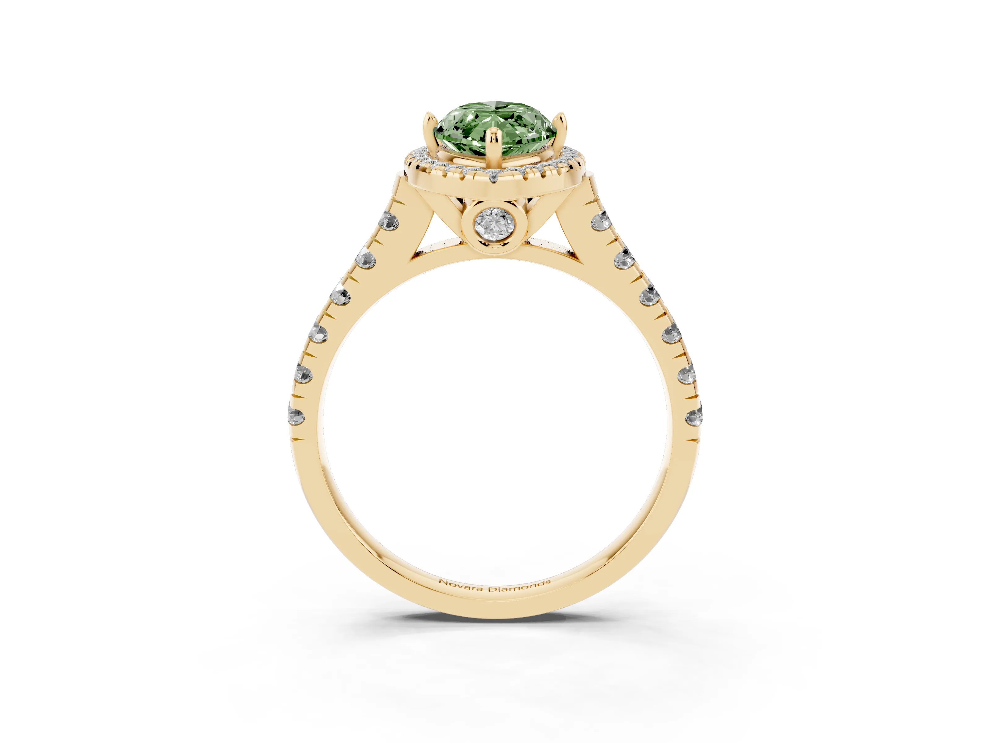 Fancy Green Marquise Cut Diamond Halo Engagement Ring Set in Yellow gold with Pavé Band and Prong-Set Center