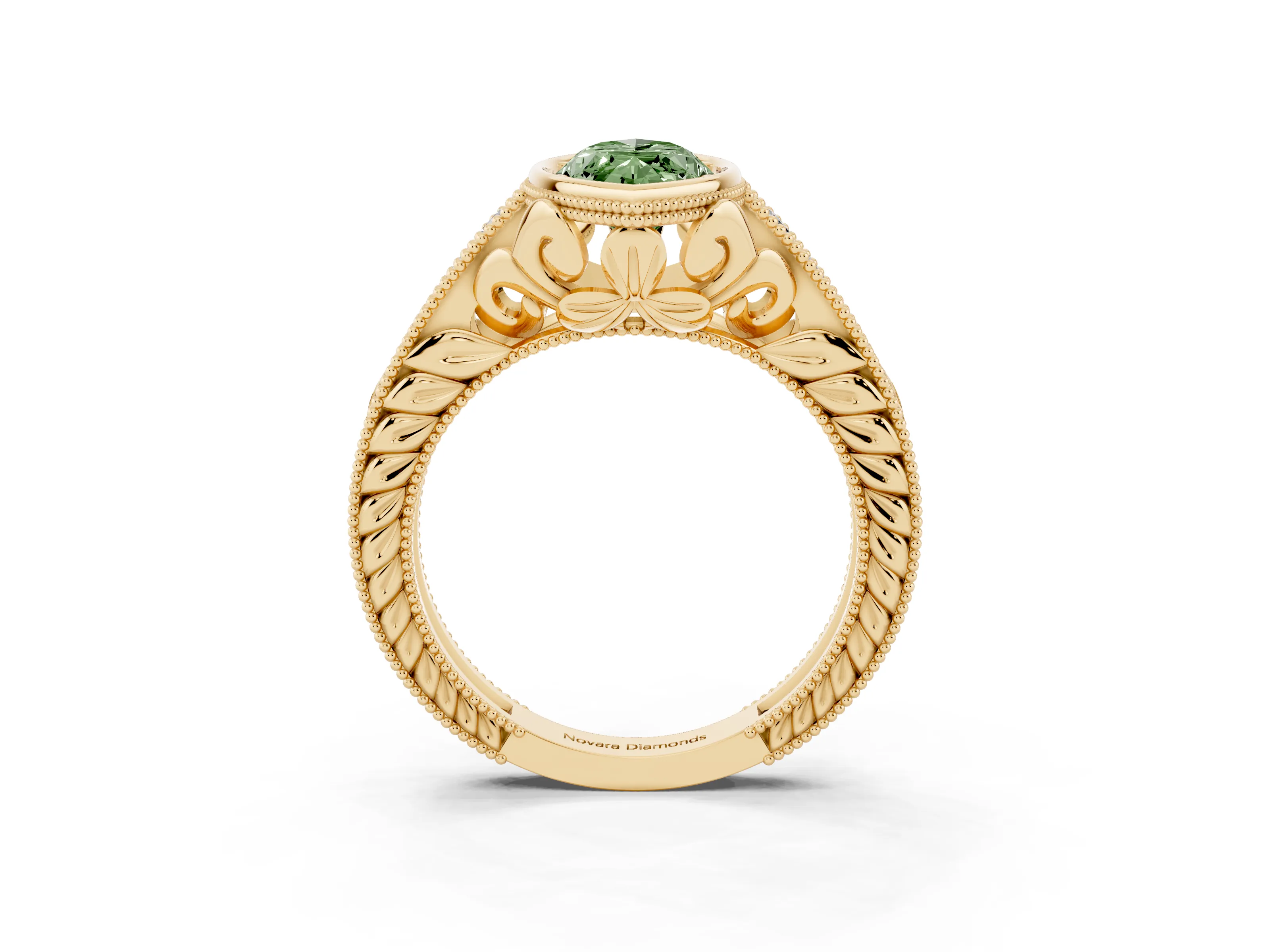Fancy Green Bezel Set Marquise Cut Diamond Milgrain Pavé Engagement Ring Set in Yellow gold