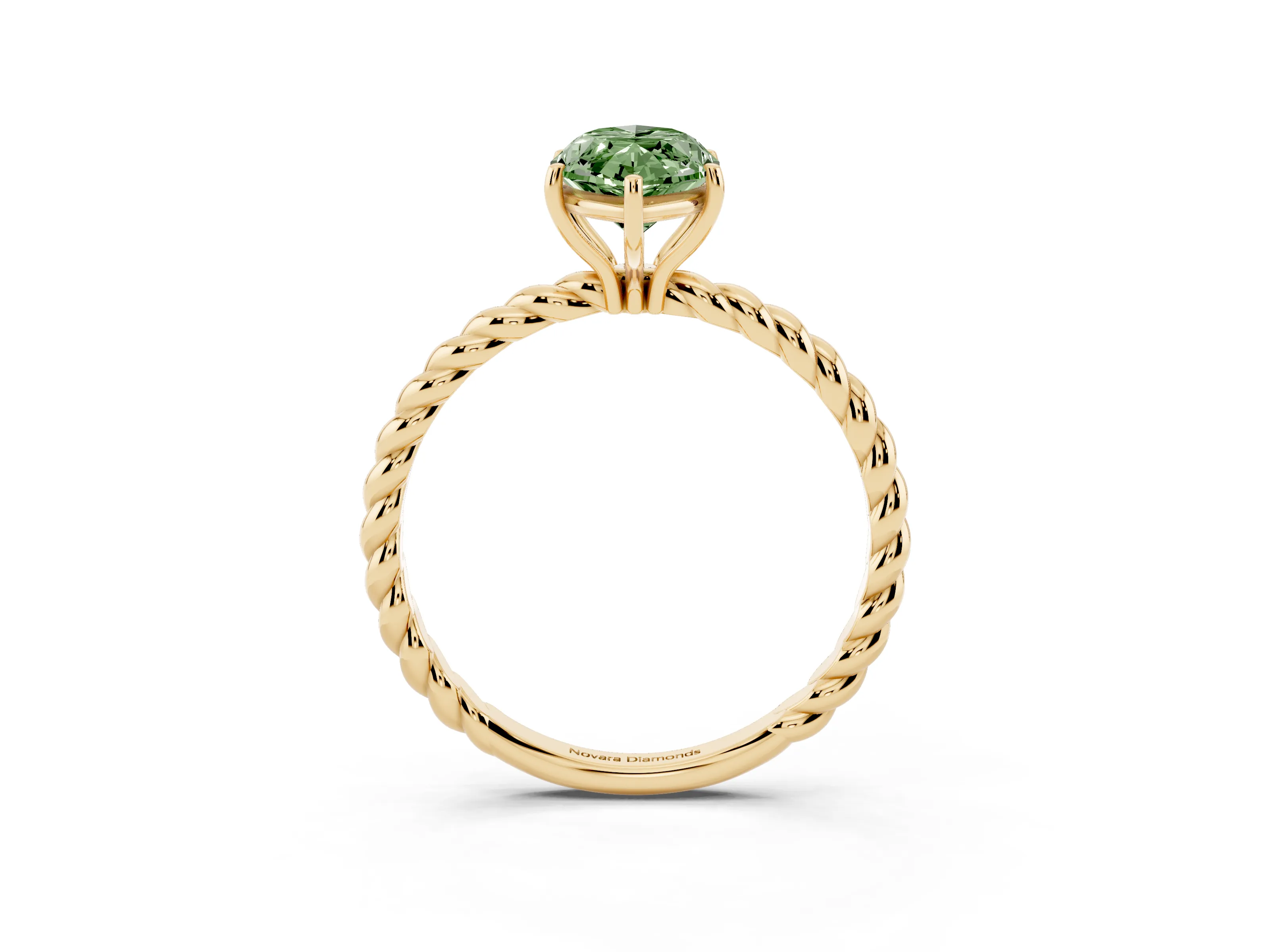 Fancy Green Marquise Cut Diamond Solitaire Ring Set in Yellow gold with Twist Band and Prong Setting