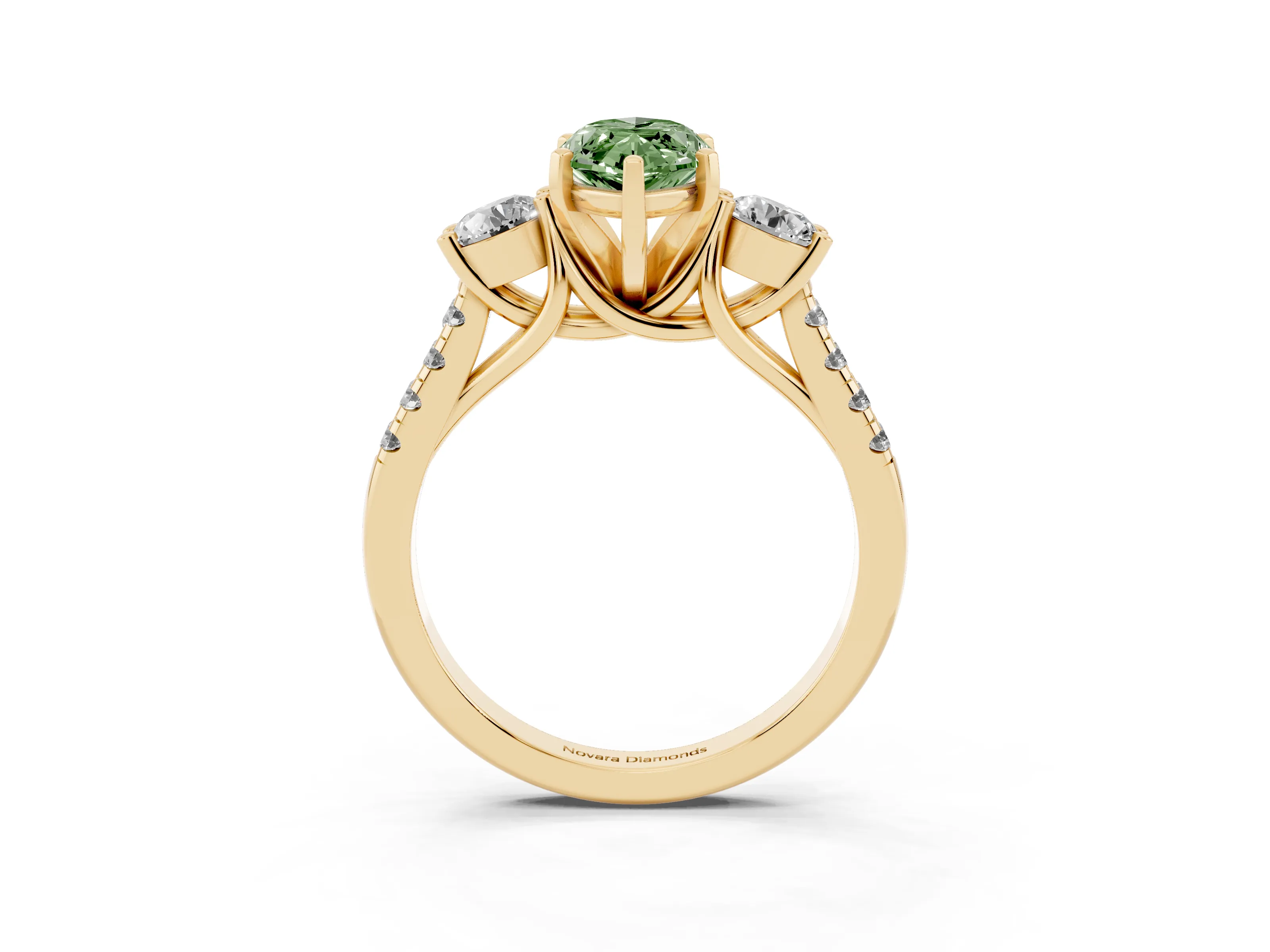 Fancy Green Three-Stone Marquise Cut Diamond Pavé Band Ring Set in Yellow gold with Prong-Set Trio