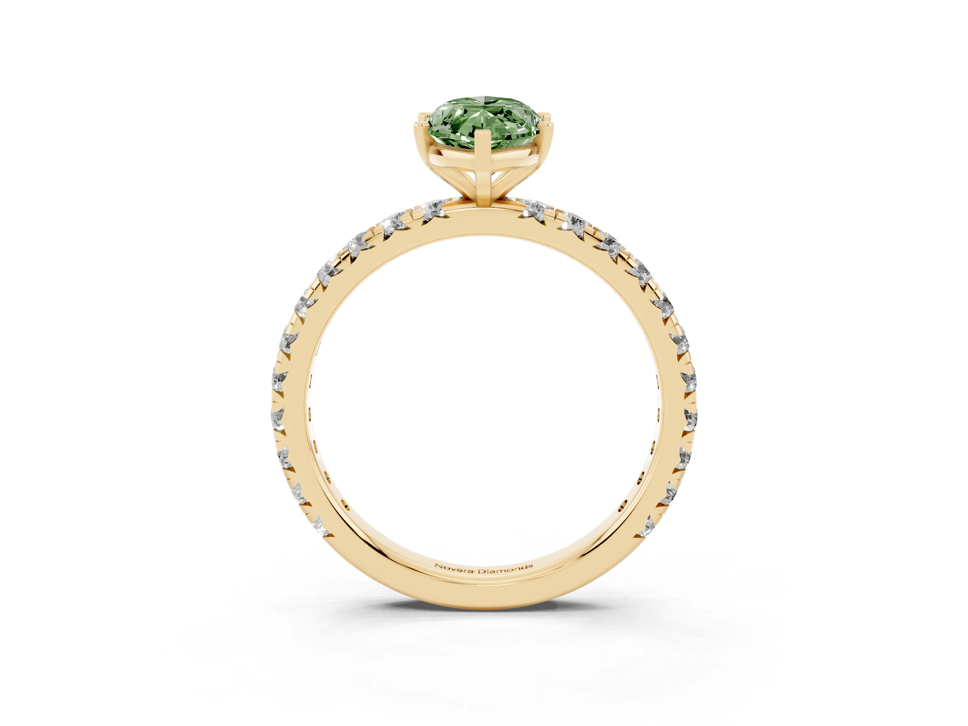 Fancy Green Marquise Cut Diamond Pavé Solitaire Ring Set in Yellow gold with Round Band and Prong Setting