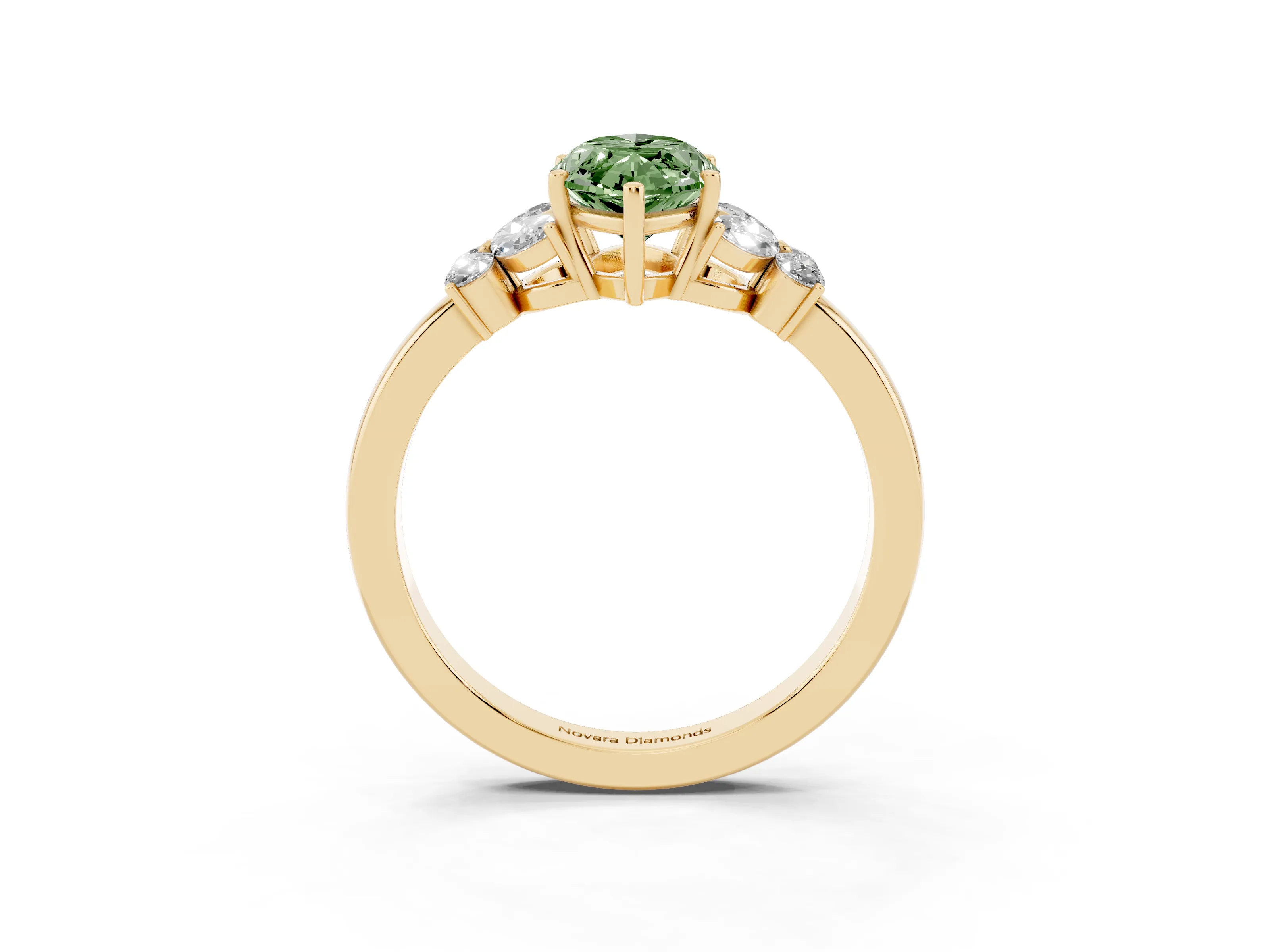 Fancy Green Marquise Cut Diamond Solitaire Floral Ring Set in Yellow gold with Marquise Petals and Prong Setting