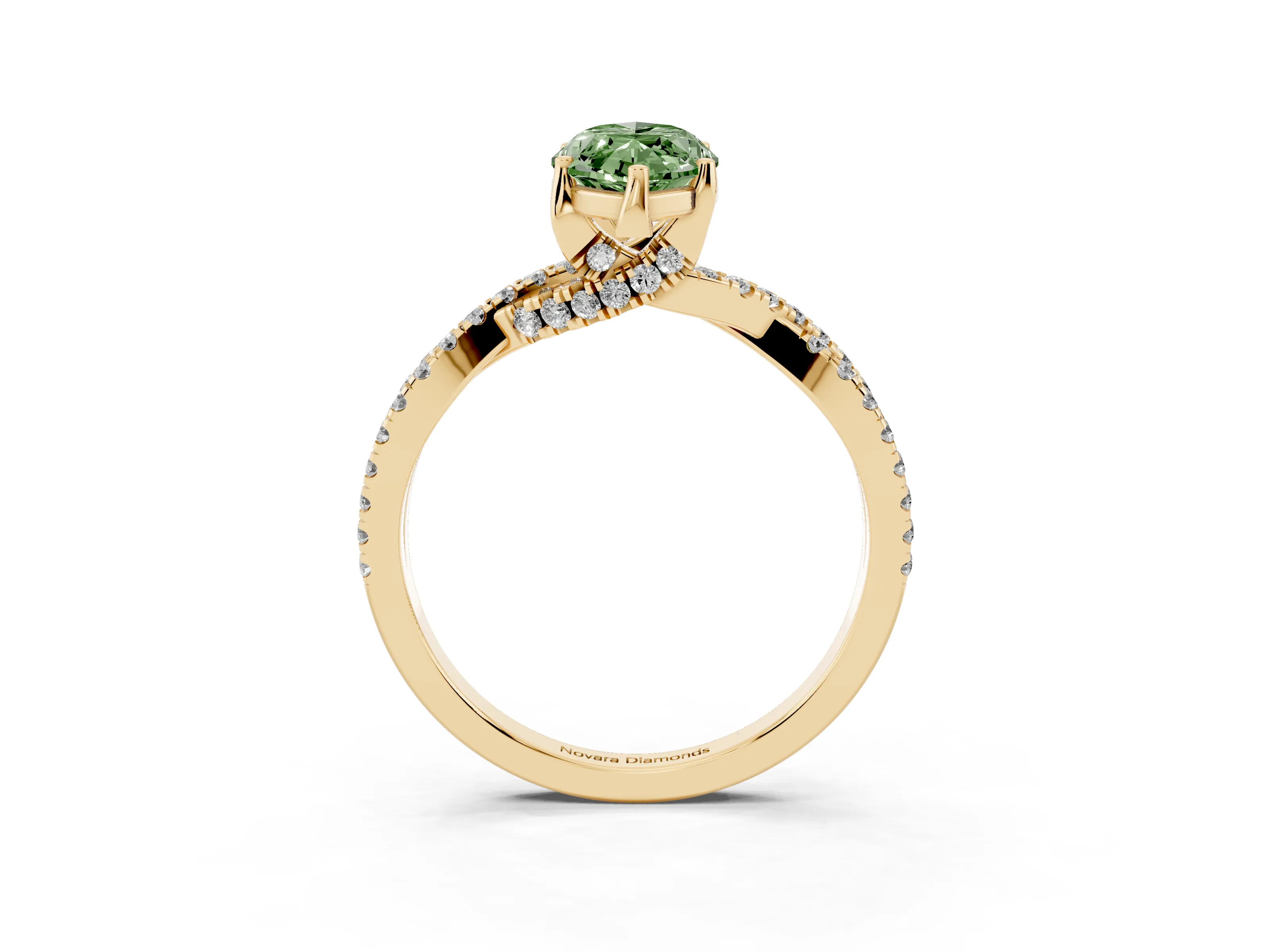 Fancy Green Marquise Cut Diamond Twist Pavé Solitaire Engagement Ring Set in Yellow gold with Prong Setting