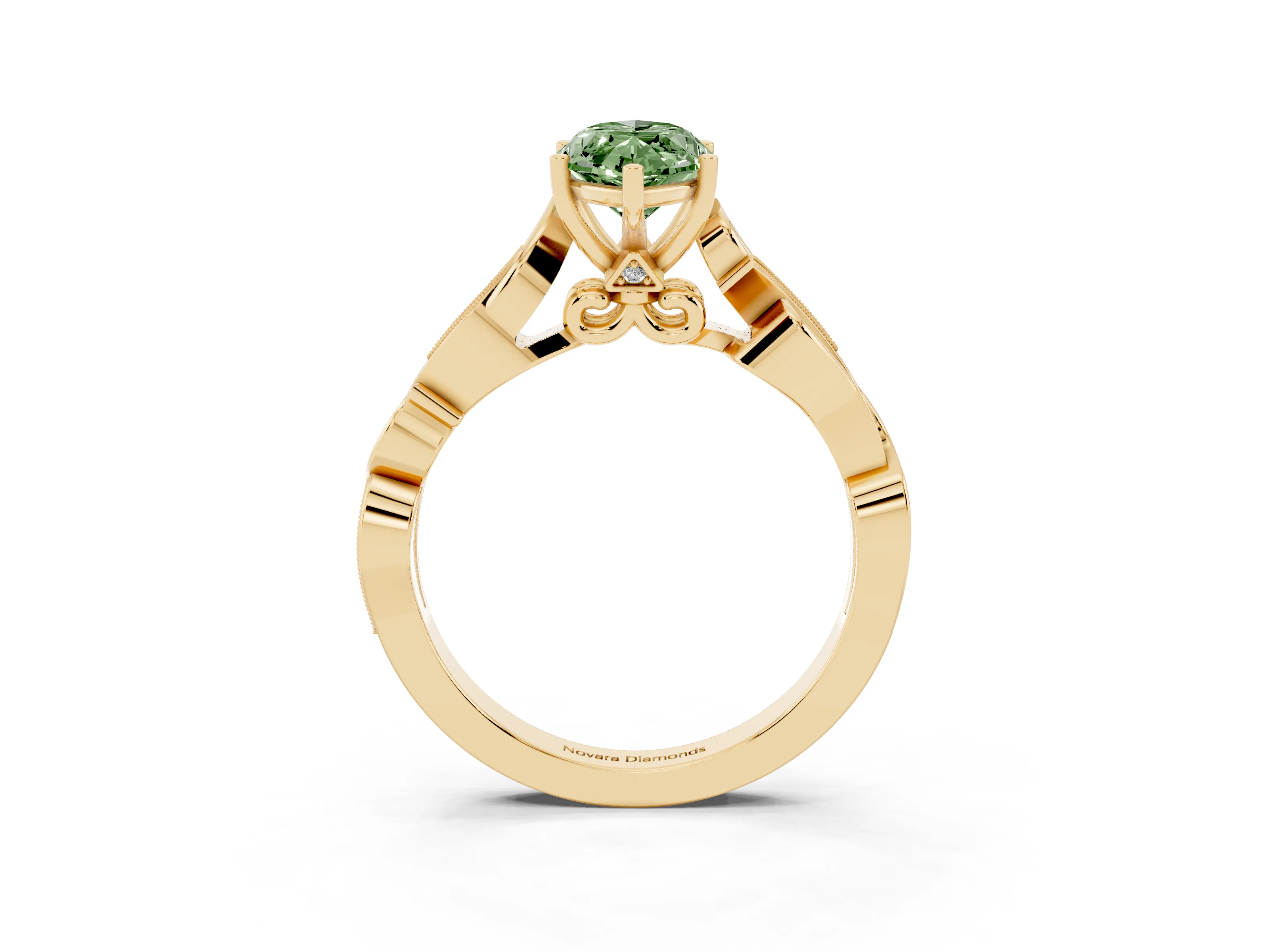 Fancy Green Marquise Cut Diamond Vine Band Solitaire Ring Set in Yellow gold with Milgrain Prong Setting