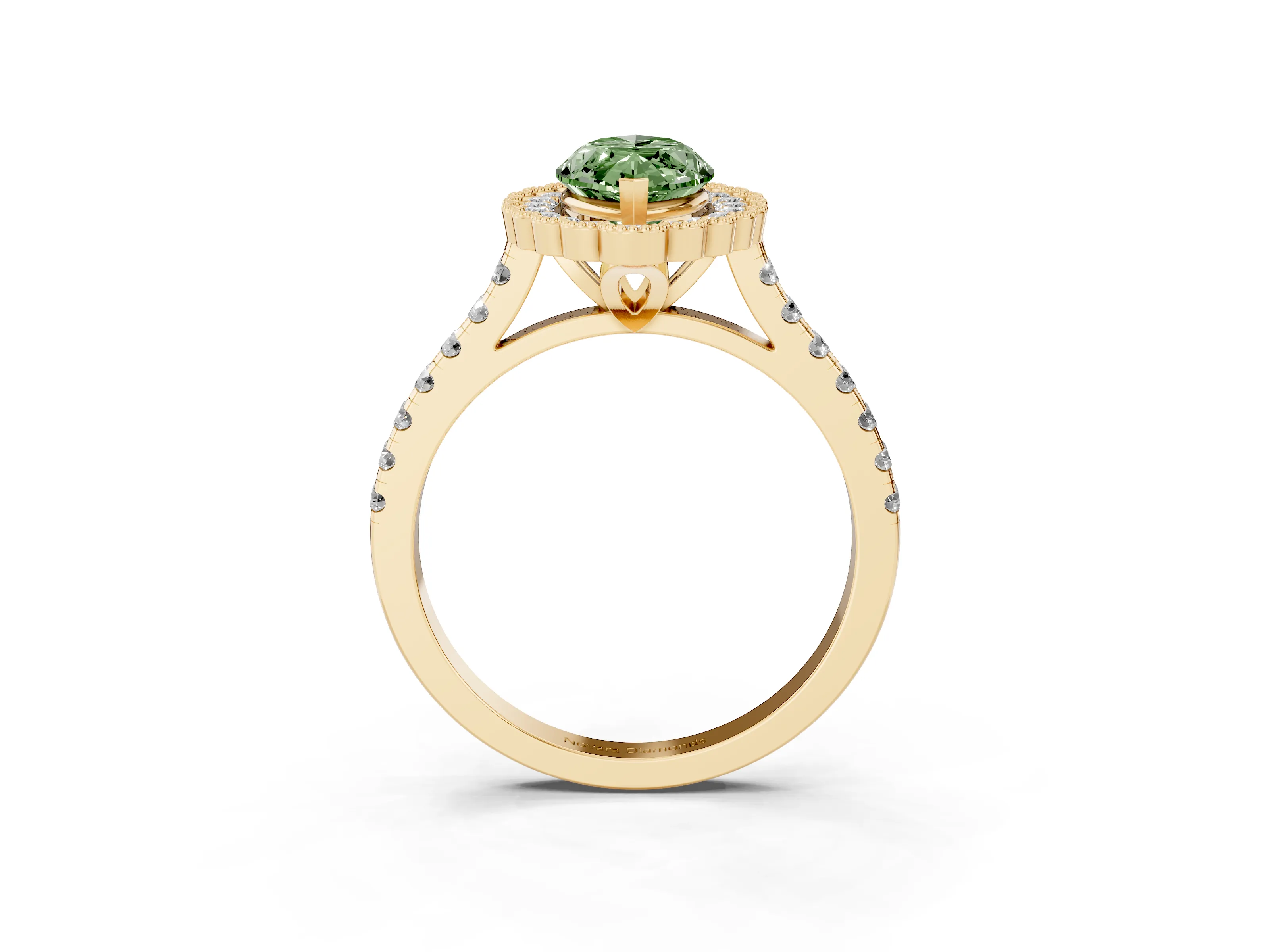 Fancy Green Marquise Cut Diamond Milgrain Floral Halo Engagement Ring Set in Yellow gold with Pavé Band