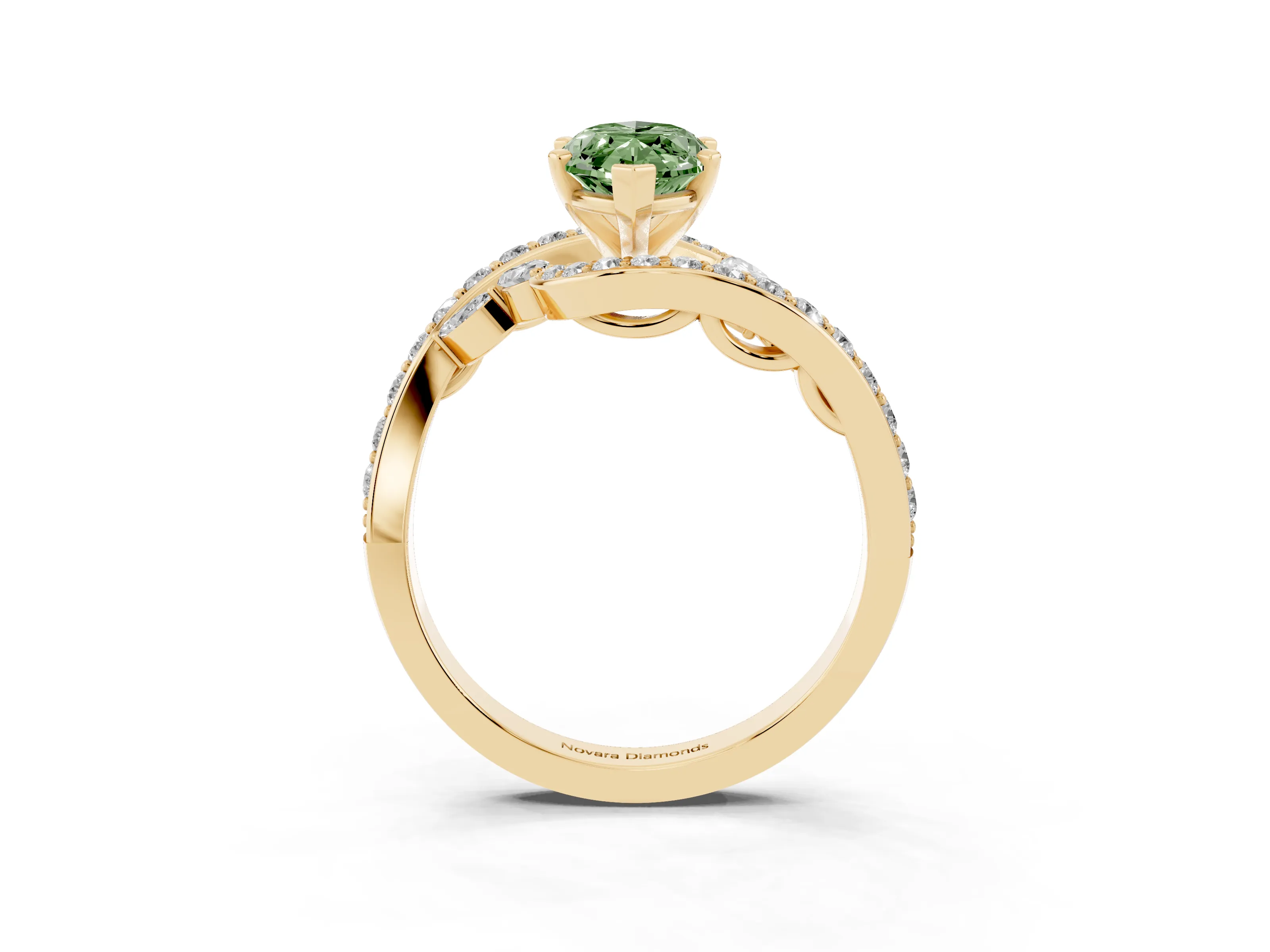 Fancy Green Marquise Cut Diamond Solitaire Ring Set in Yellow gold with Pavé Twist Band and Secure Prong Setting