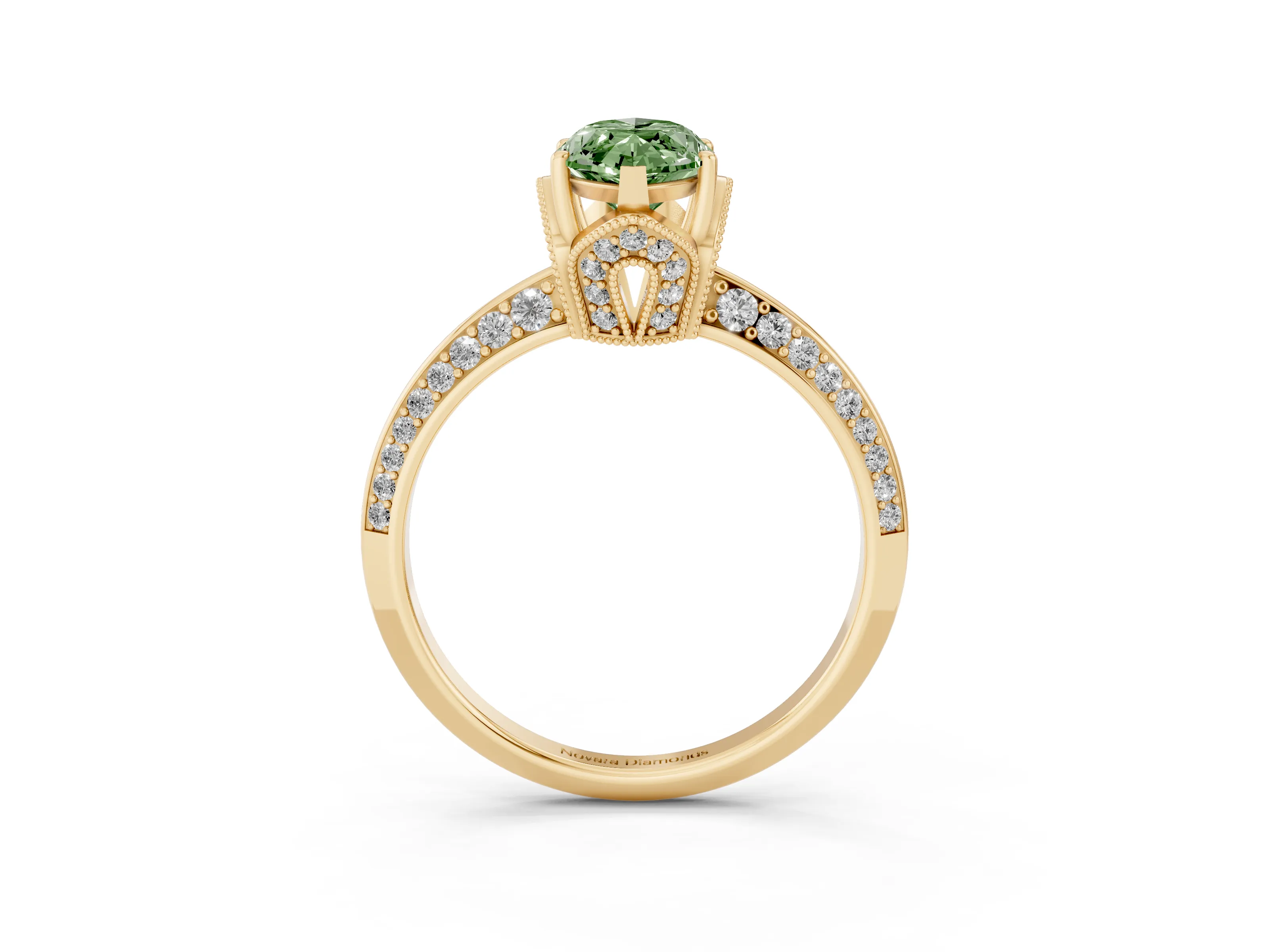 Fancy Green Marquise Cut Diamond Solitaire Engagement Ring Set in Yellow gold with Pavé Split Shank and Prong Setting