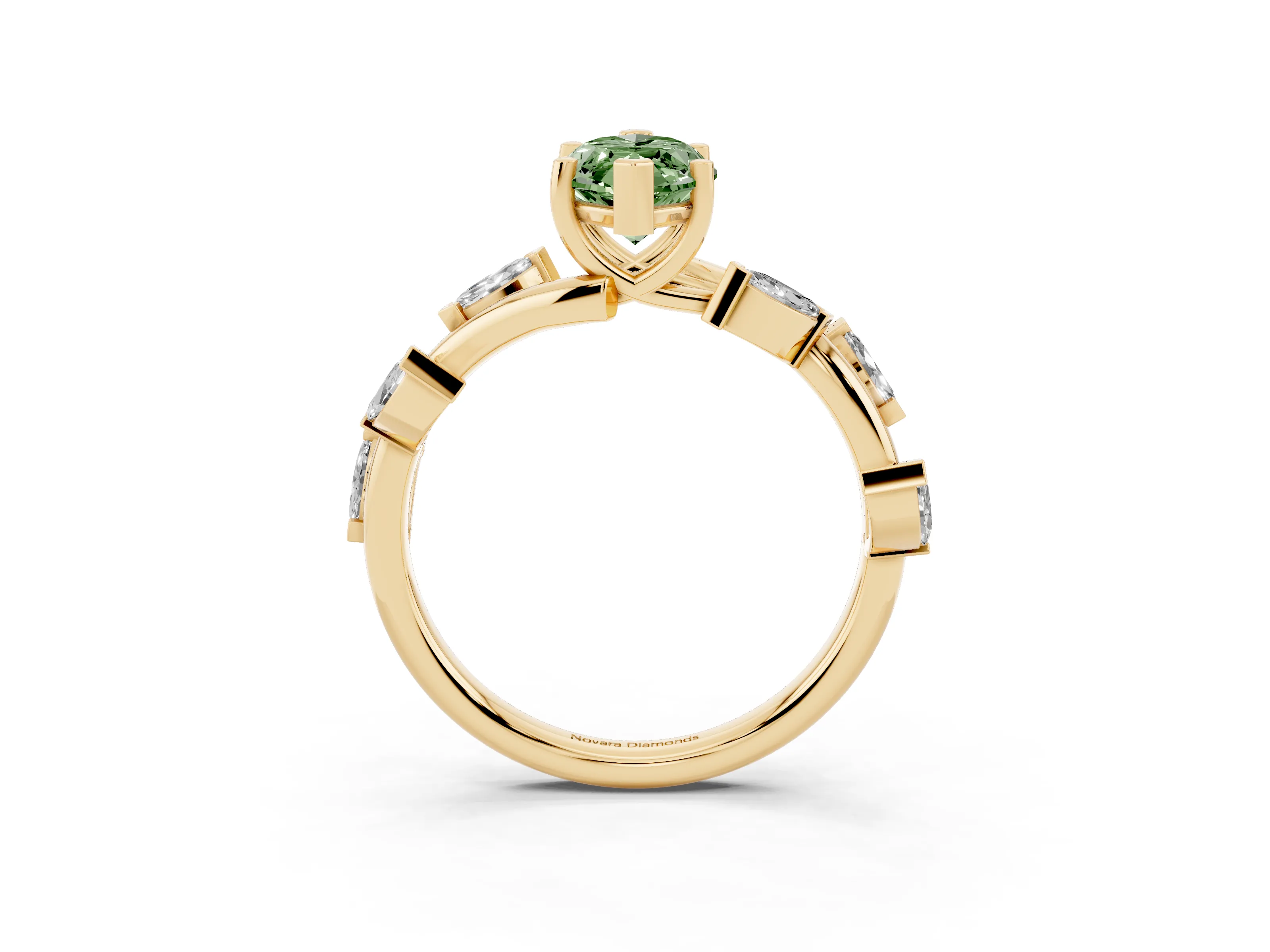 Fancy Green Marquise Cut Diamond Solitaire Ring Set in Yellow gold with Twisted Marquise Accent Band