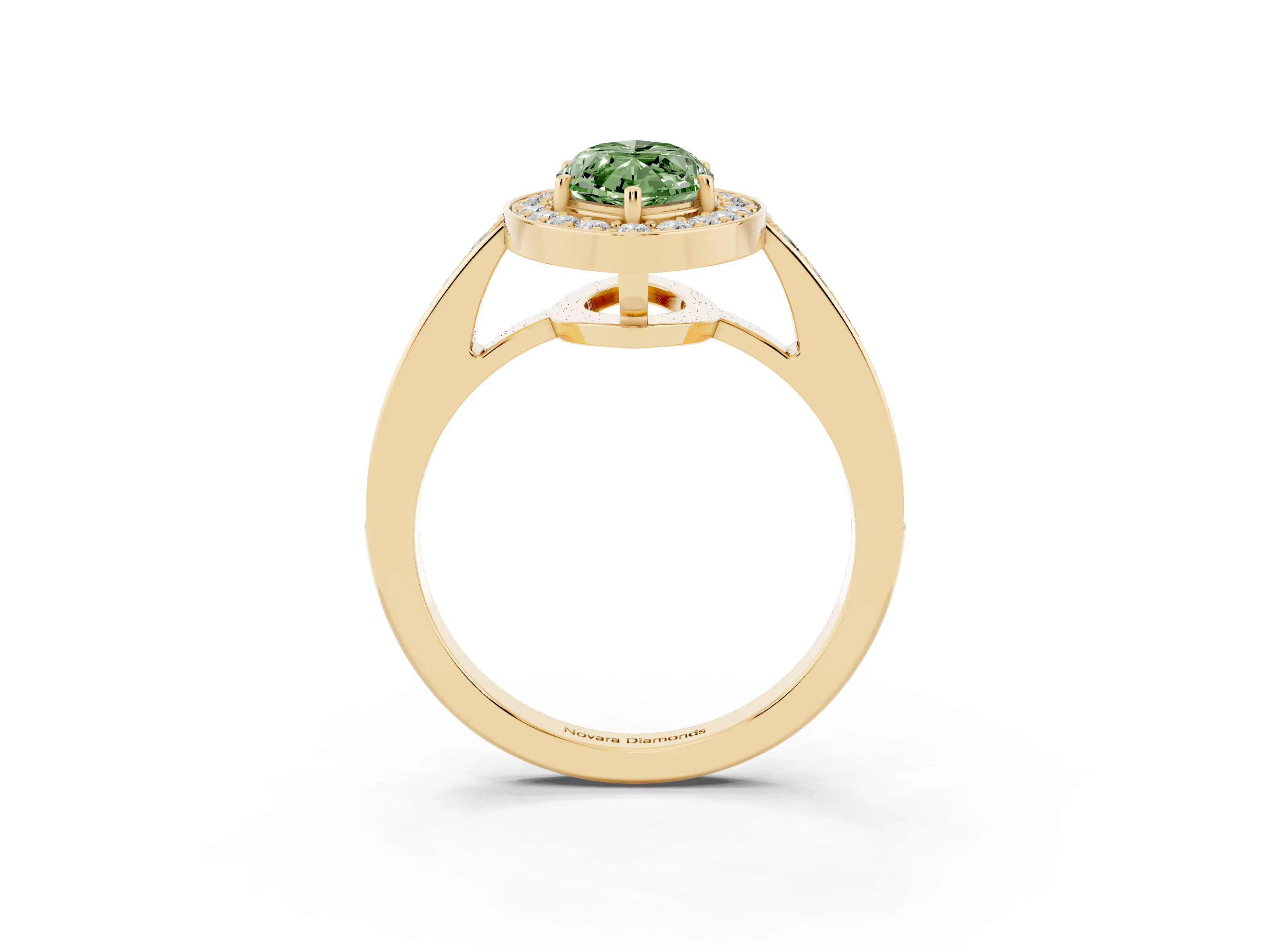 Fancy Green Marquise Cut Diamond Halo Pavé Engagement Ring Set in Yellow gold with Bezel Setting