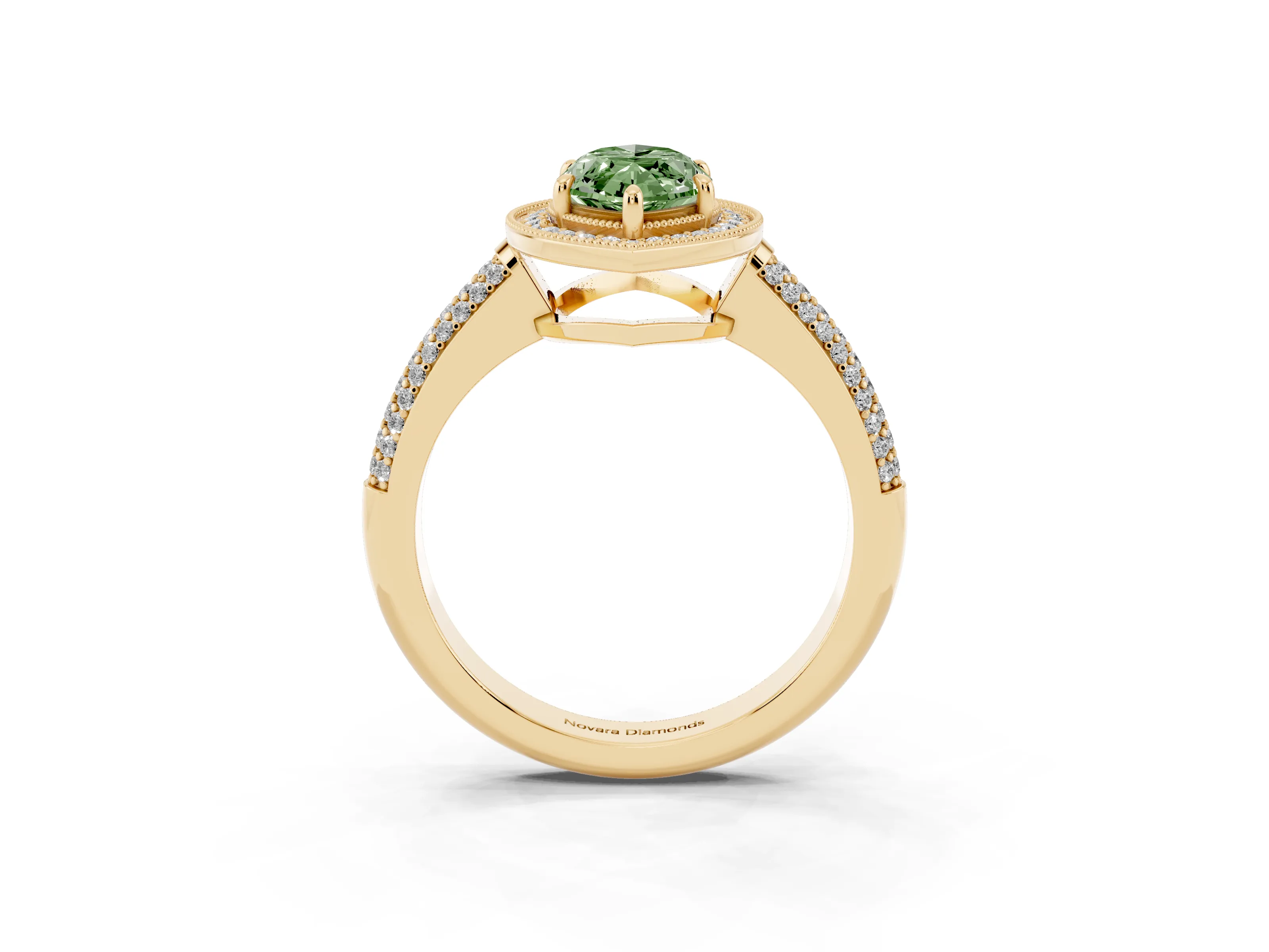 Fancy Green Marquise Cut Diamond Halo Pavé Band Set in Yellow gold with Prong Setting