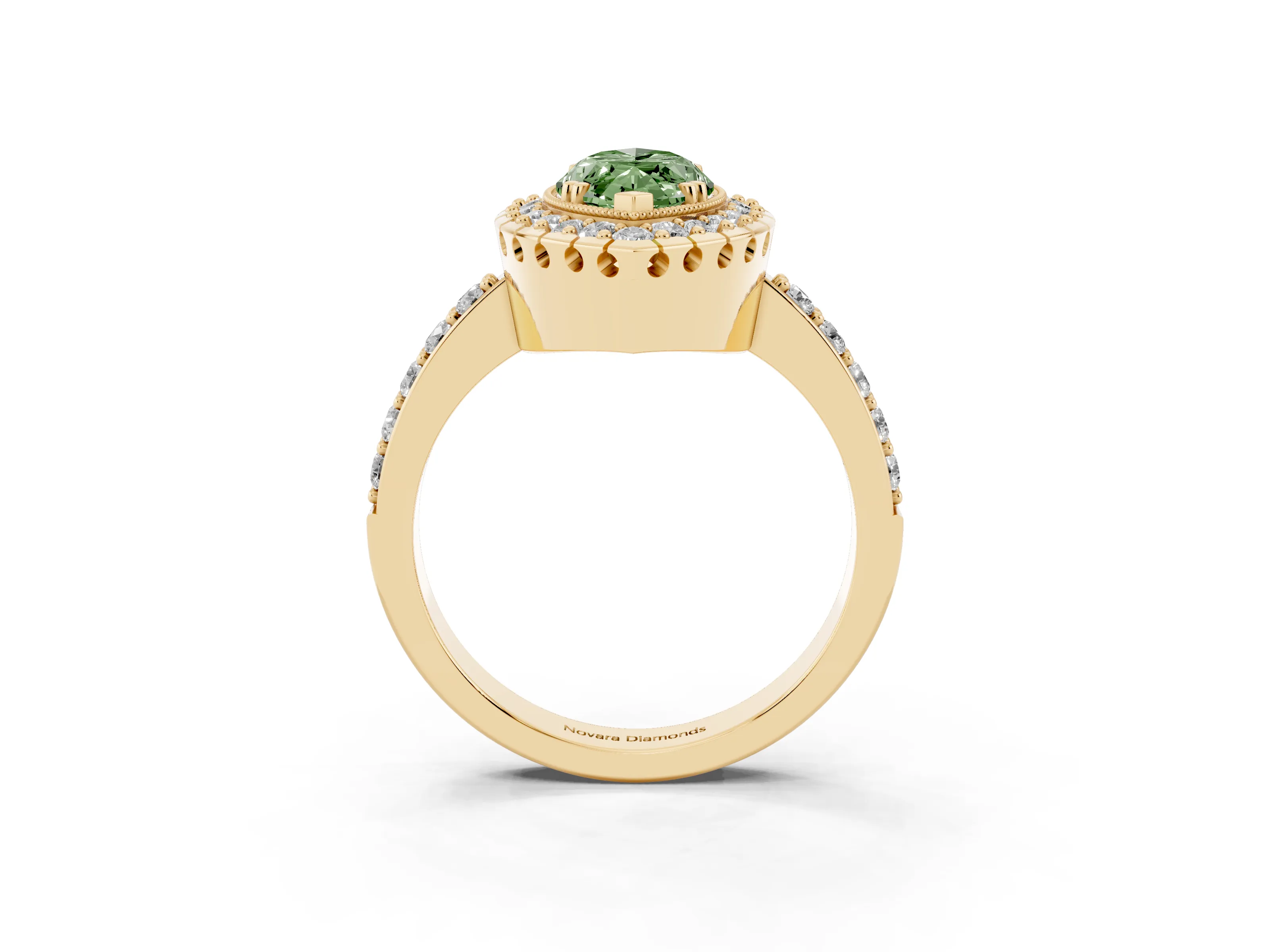 Fancy Green Marquise Cut Diamond Halo Ring Set in Yellow gold with Pavé Shank and Prong Setting